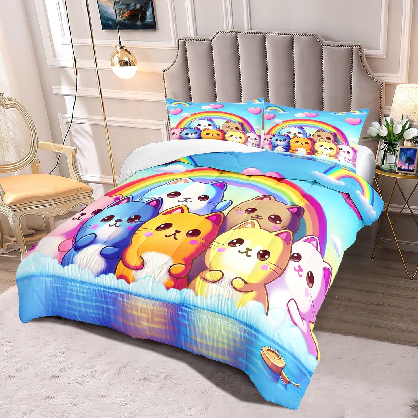 Jiospet Rainbow Cat Comforter Full Size - Rainbow Cat Bedding for Girls Room Cute Cartoon Rainbow Bedding Full Comforter Sets for Kids, 1 Comforter+2 Pillowcases