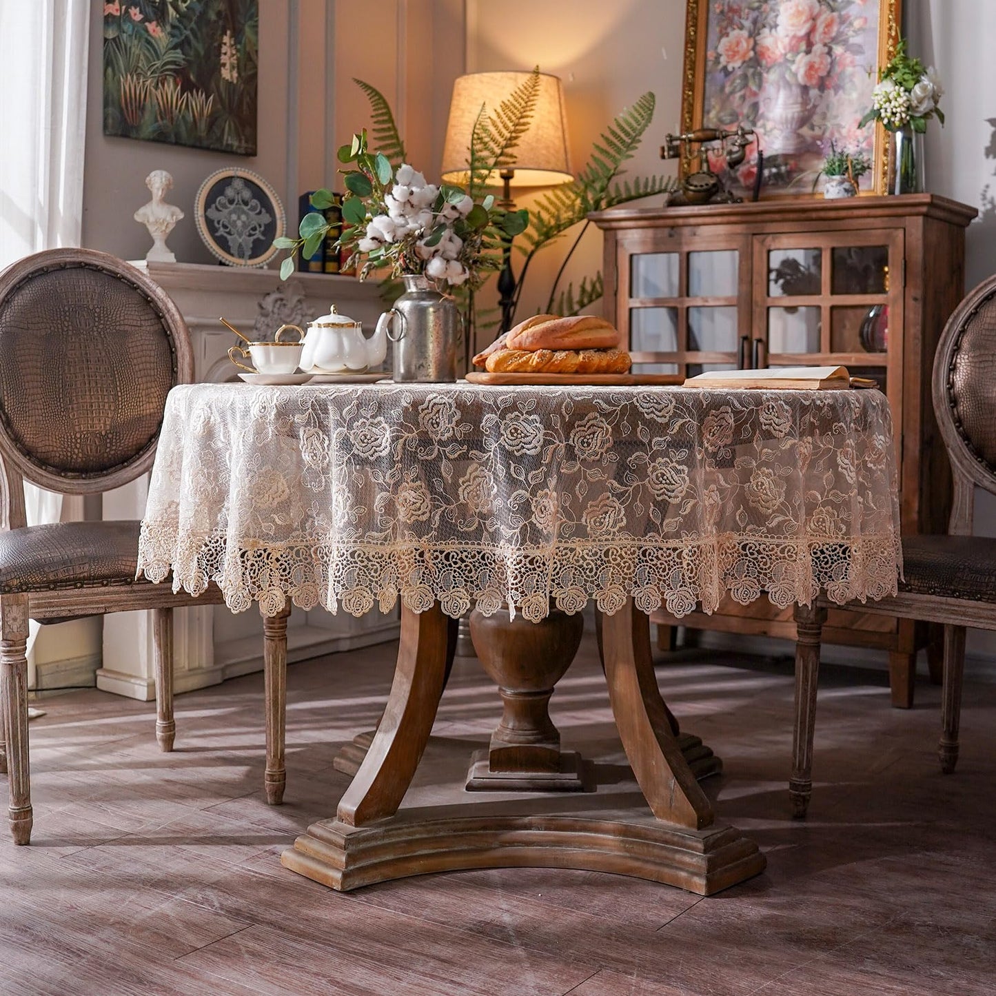 ARTABLE Rectangle Small Table Cloth Lace Macrame Vintage Tablecloth Shabby Chic Embroidered Oblong Table Cover for Wedding Banquet Holiday Long Dinner Tables (Golden, 70 Inch Round)