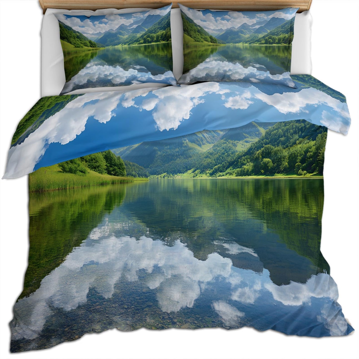 PAISUOQ Landscape Duvet Cover Full, Lakes and Mountains Bedding, Nature Landscape Comforter Cover with 2 Pillow Cases, 3 Pieces with Zipper & Ties, Bedroom Decor & Gifts