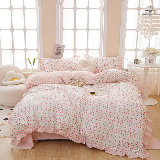 Queen Comforter Set Chic Floral Ruffle Comforter Pink Flower Bedding Comforter Set for All Seasons Fluffy Soft Girls Cottagecore Bedding Set Vintage Botanical Flowers Comforter with 2 Pillowcases