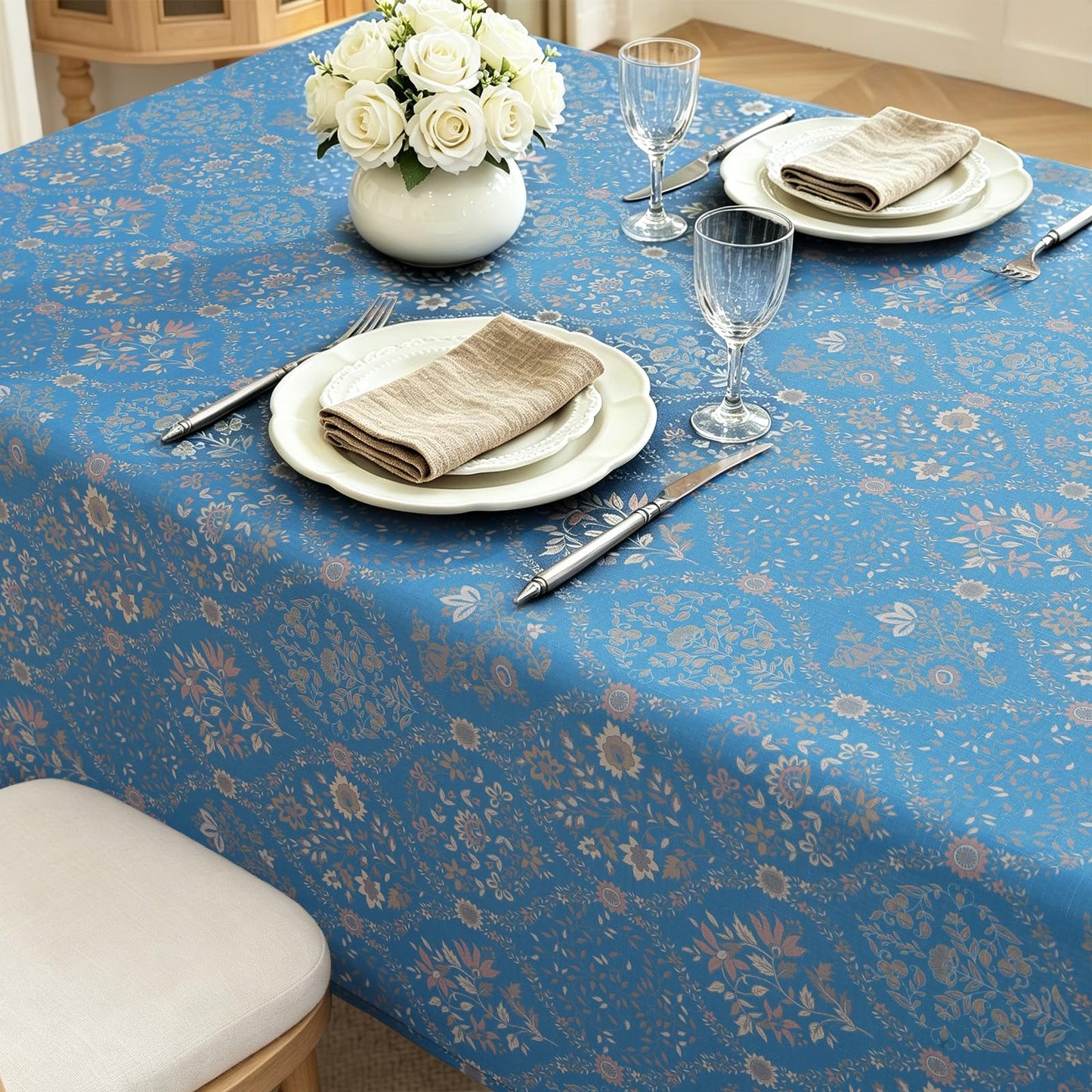 Honellaty Blue French Vintage Floral Rectangle Tablecloth, 60 x 102 Inch