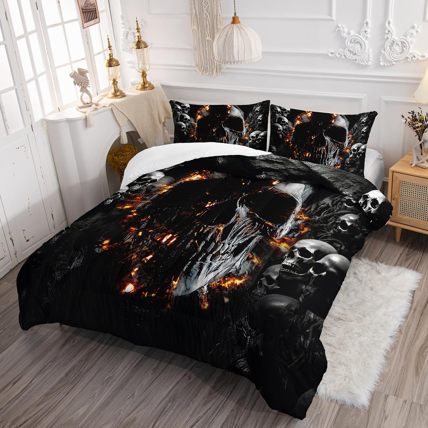 AILONEN Gothic Skull Comforter Set Twin Size, Grey Skeleton Fire Skull Goth Bedding Set,Rock Skull Bedding Quilt with 2 Pillowcases,3 Pieces Skeleton Skull Black Twin Comforter Set