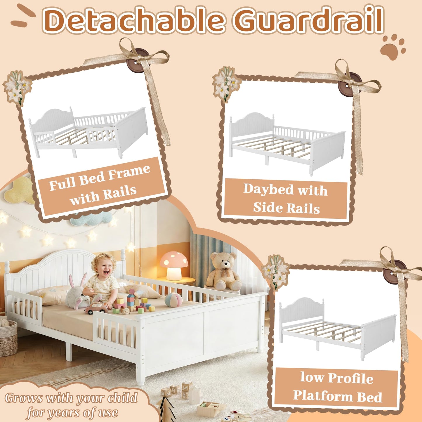 Aurnienofus Full Size Bed Frame Kids with Rails & Headboard, Wooden Low Platform Bed Frames with Detachable Guardrails, Footboard & Slat Support for Kids Girls Boys, Full Beds White
