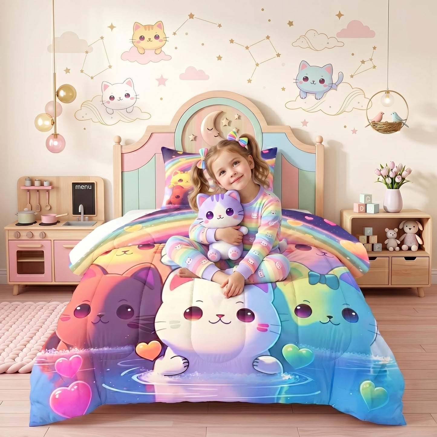 Jiospet Rainbow Cat Comforter Twin Size - Cat Bedding for Girls Room Cute Cartoon Rainbow Bedding Twin Sets for Kids, 1 Comforter+1 Pillowcase