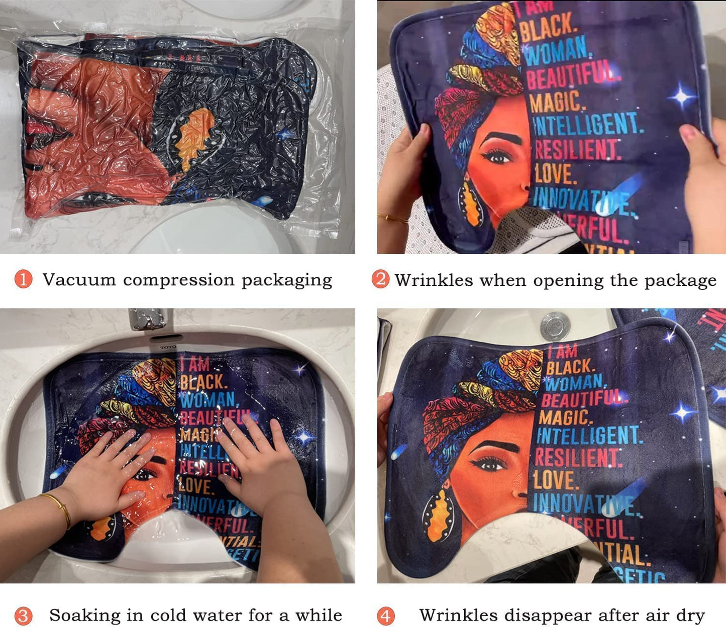 Omebero Black African Flower Woman Shower Curtain Set, Blue Art Words Bathroom Set with Shower Curtain and Rugs, Toilet Lid Cover, Bath Mat,Waterproof Fabric Shower Curtains and Hooks for Bathroom