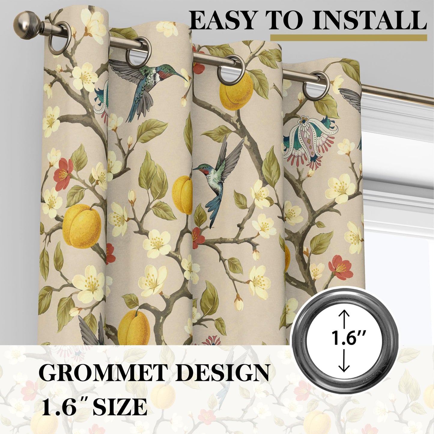 Floral Curtains 100% Blackout, Vintage Hummingbird Black Out Curtain 84 Inches Long, Patterned Thermal Insulated Window Drapes 2 Panels, Grommet Room Darkening Curtains for Living Room Bedroom, Khaki