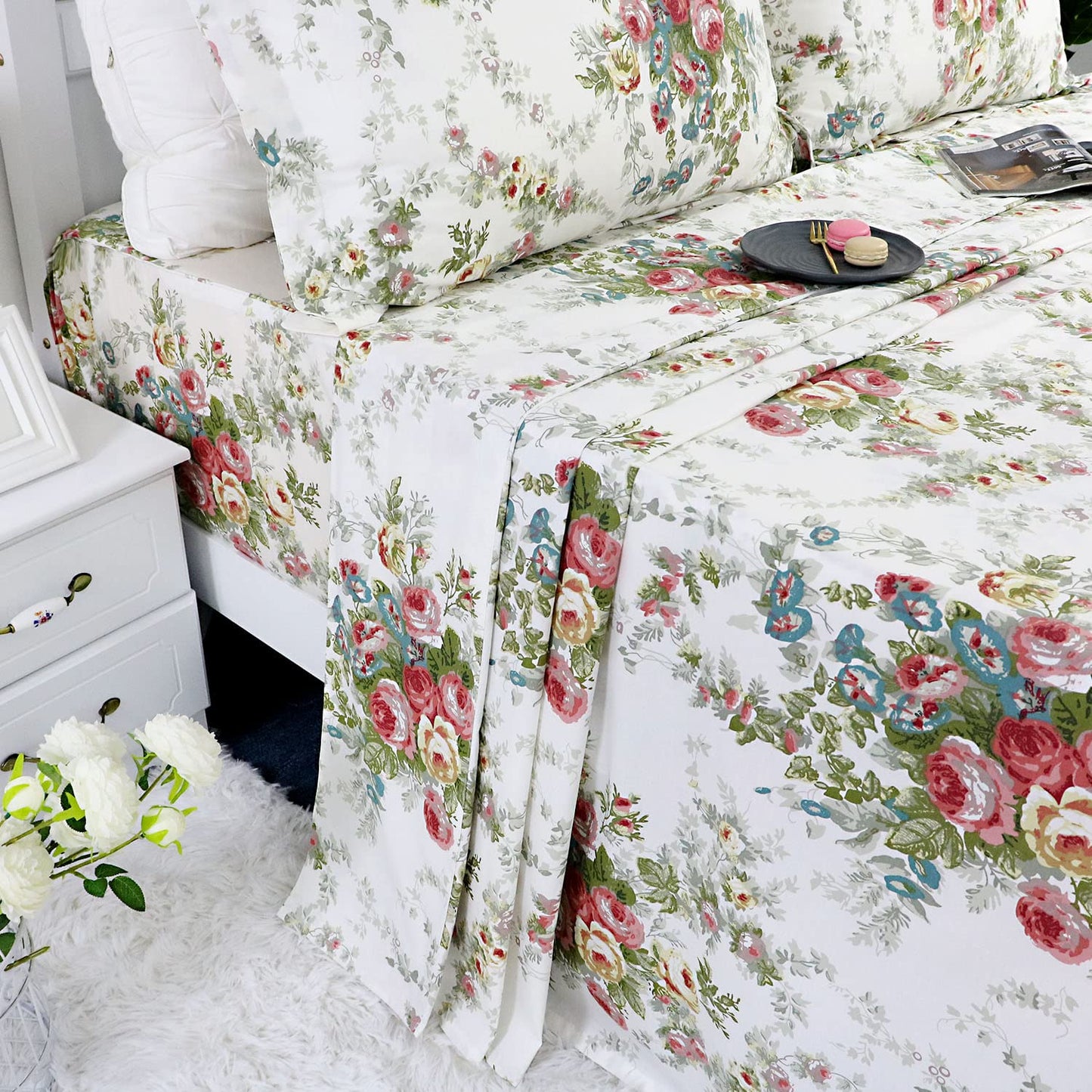 FADFAY Rose Sheets Floral Bed Sheets Queen 100% Cotton Off White Victorian Flower Printed Shabby Vintage Antique Bedding Soft Natural Cotton Deep Pocket Fitted Sheet 4Pcs, Queen
