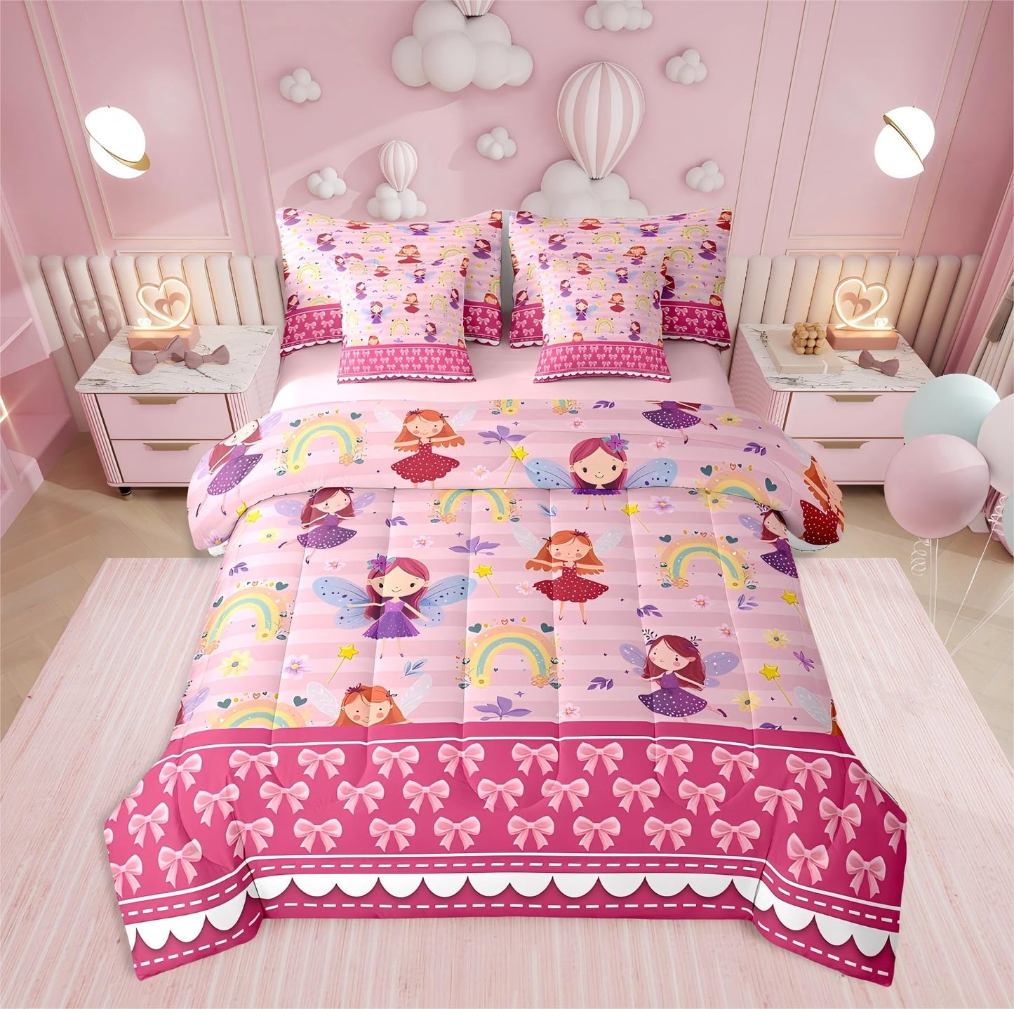 Erosebridal 7 Piece Magical Princess Kids Comforter Set King Bed in a Bag,Rainbow Girls Bedding Set for Child,Dreamy Pink Bowknot Sheet Set,Girly Cute Bow Bed Set,Pale Pink Stripes Duvet Insert