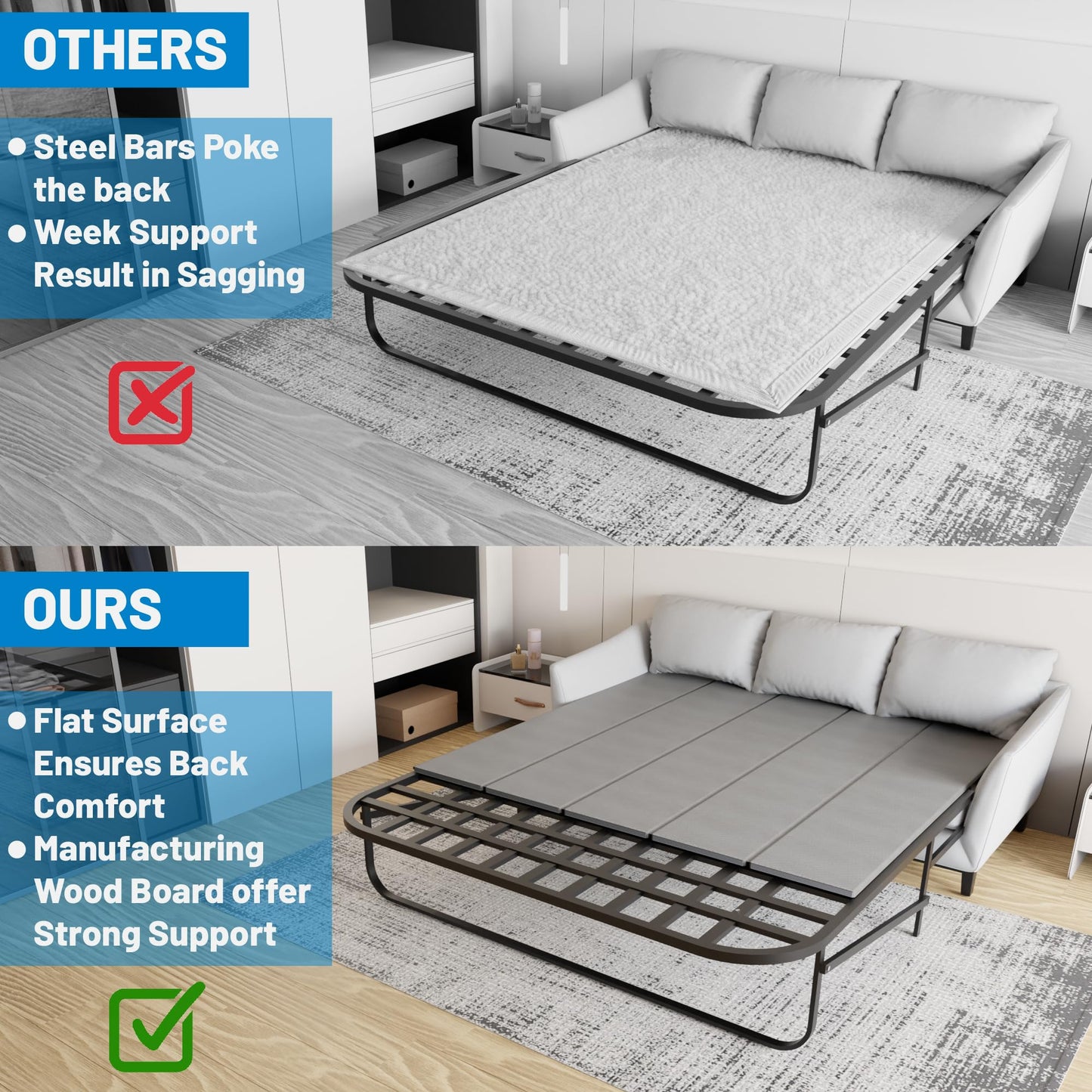 Greaton, Heavy Duty Sleeper Sofa Bed Support Board, 48" x 35.5" Wood Base to Fix Sagging Mattresses, Reinforced Under Cushion Panel, Pull Out Couch Mattress Boards, Easy Installation