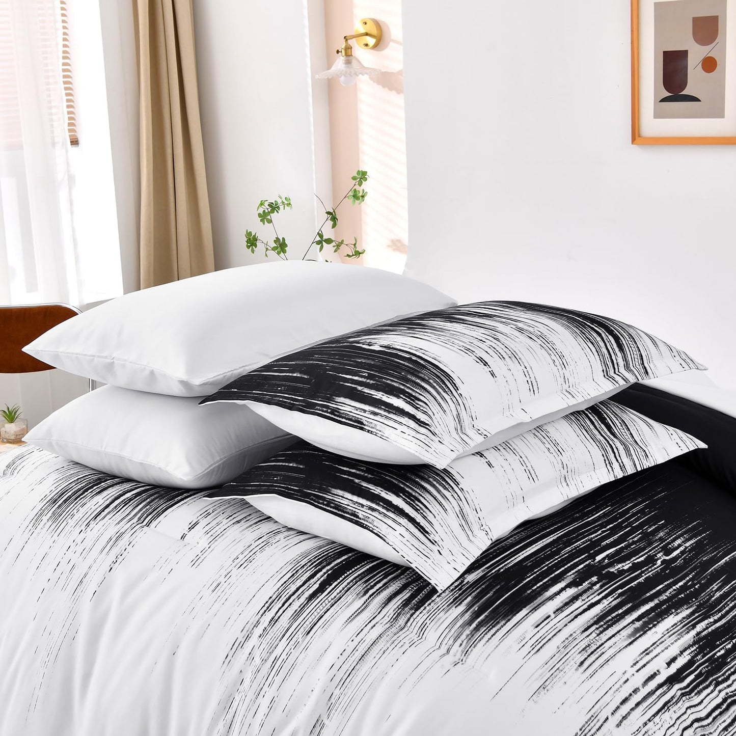 Dinjoy Ombre Black Comforter Set Queen Size Gradient Black White Boho Bedding Set for Teen Men Women 7 Pieces Bed in A Bag Bohemian Bed Set with Comforter, Sheets, Pillowcases & Shams