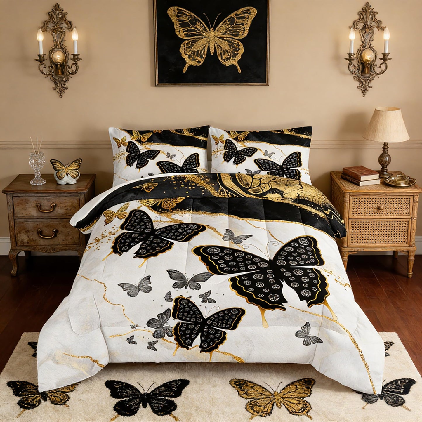 UEVBF Kids Bedding Twin Size Comforter Set,Black and Gold Butterfly Bedding Comforter Sets for Boys Girls Room Decor,Marble Texture Artistic Aesthetic Bedding Sets with 2 Pillowcases.