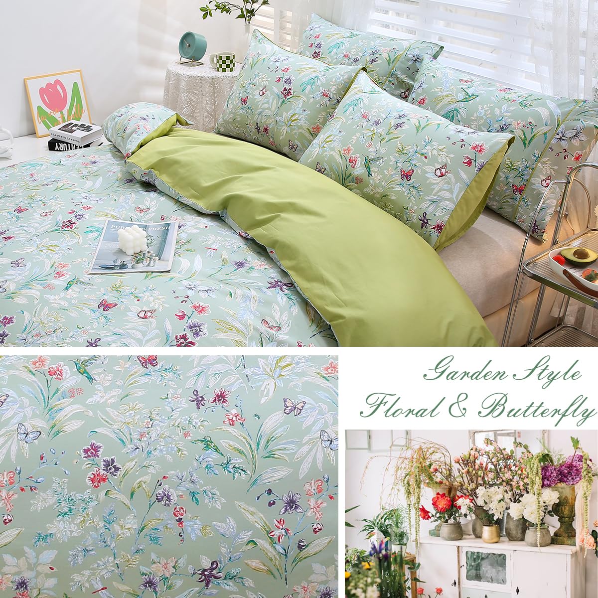 URBONUR 100% Cotton Duvet Cover Set Twin Size 3 Piece Green Floral Butterfly Printed Bedding Set, Soft and Breathable Comforter Cover Sets, Twin Size
