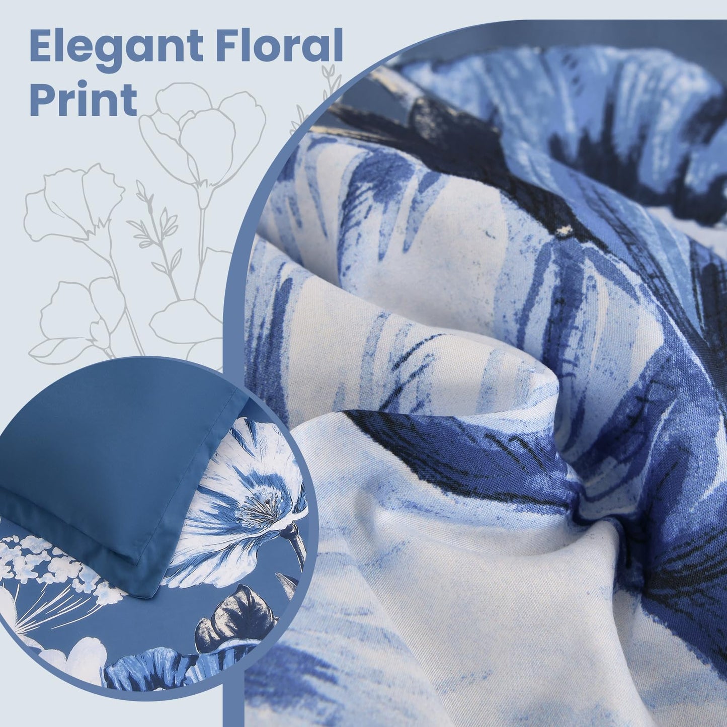 LLDSYW Queen Comforter Set - 7 Pieces Bed in a Bag Blue Floral Queen Comforter Set with Sheets, Soft Microfiber Flower Complete Bedding Set for All Seasons（Blue,90"x90"）