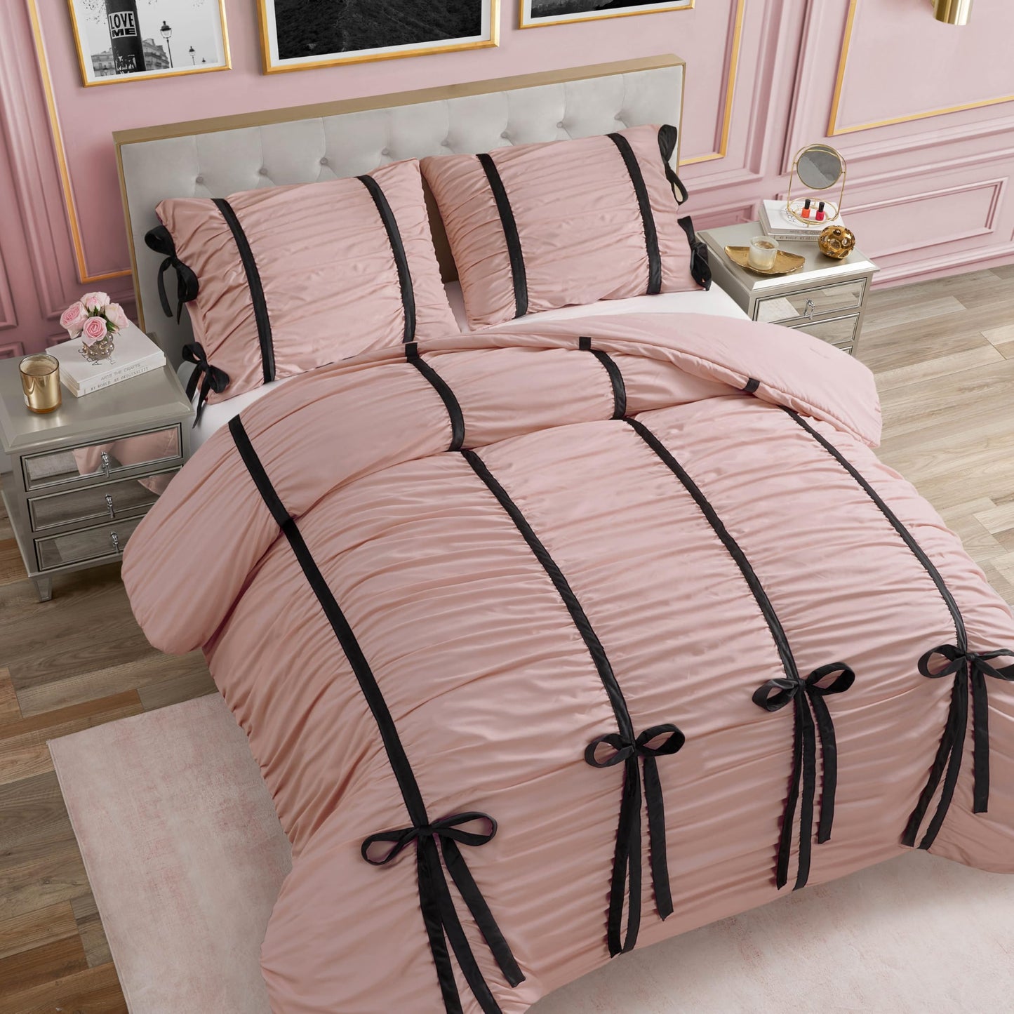 Juicy Couture Light Pink Amelie Velvet Bows Ruched King Comforter Set - 3 Piece Stylish Bedding Ensemble