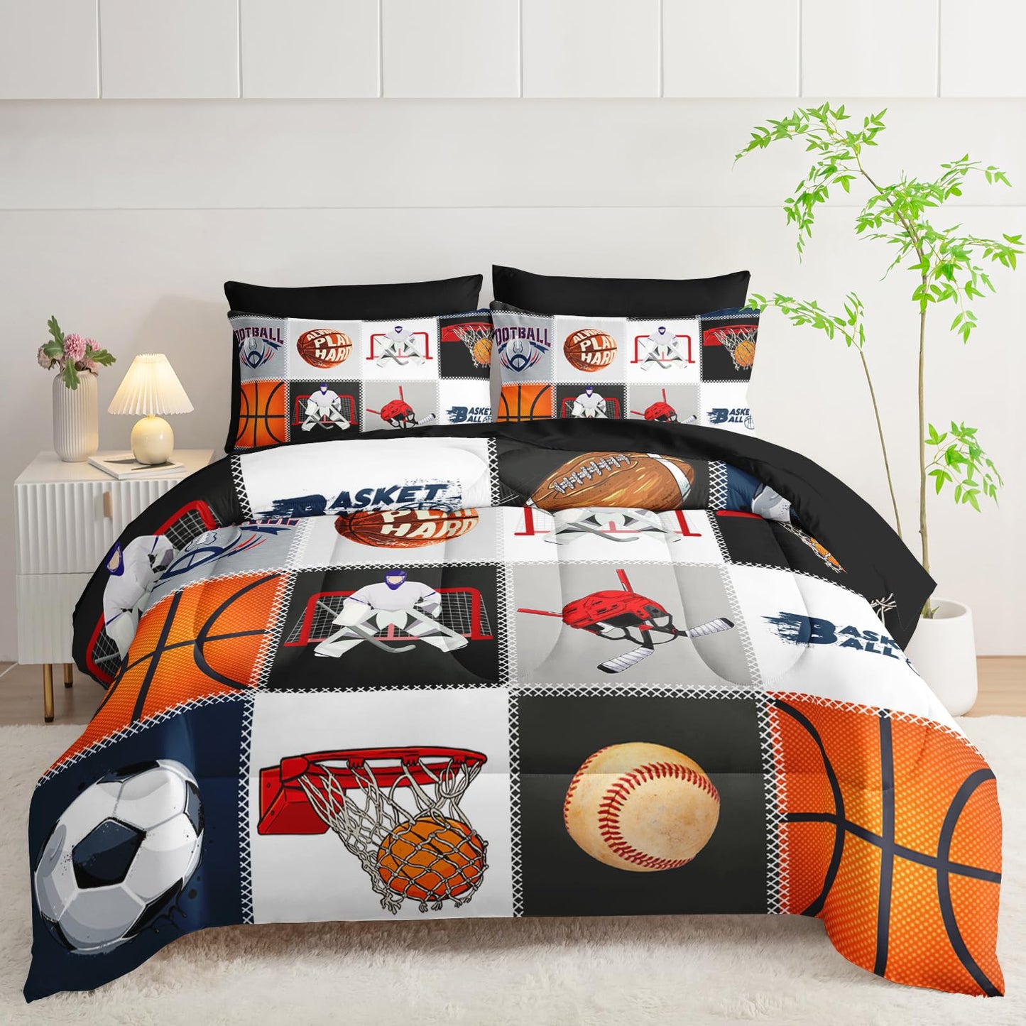 AILONEN Sports Comforter Set Twin Size,Basketball Football Soccer Ball Print Player Bed in a Bag,7Pcs Soft Microfiber Comforter,Fitted Sheet,Flat Sheet,2 Pillowcases,2 Pillow Shams for Kids Boys Men