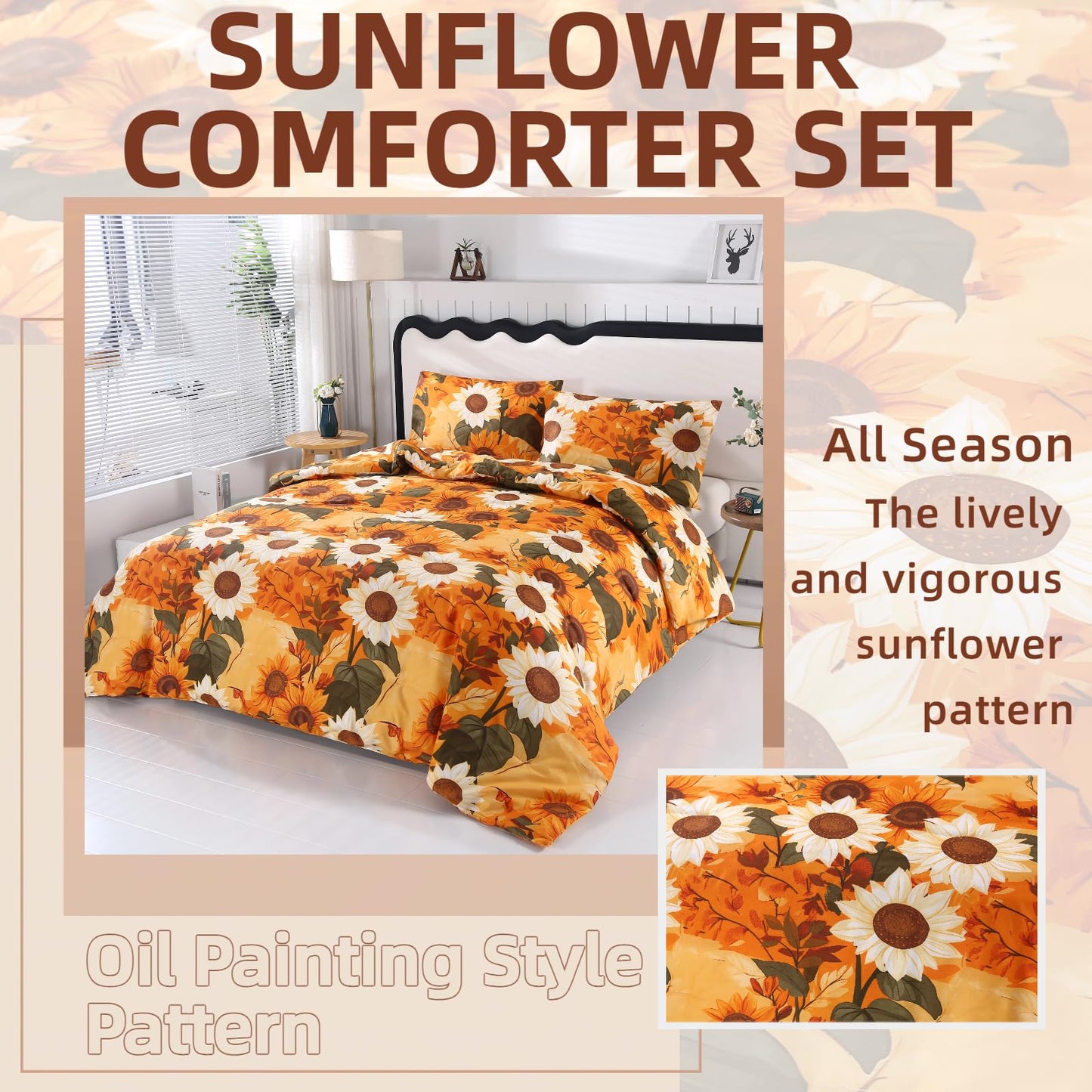 MAG 3Pcs Sunflower Twin Comforter Set,Microfiber Floral Twin Bedding Set,Boho Orange Flower Pattern,All Season Included 1 Comforter + 2 Pillowcases for Toddler Kids Boys Girls,Breathable and Wrinkle.