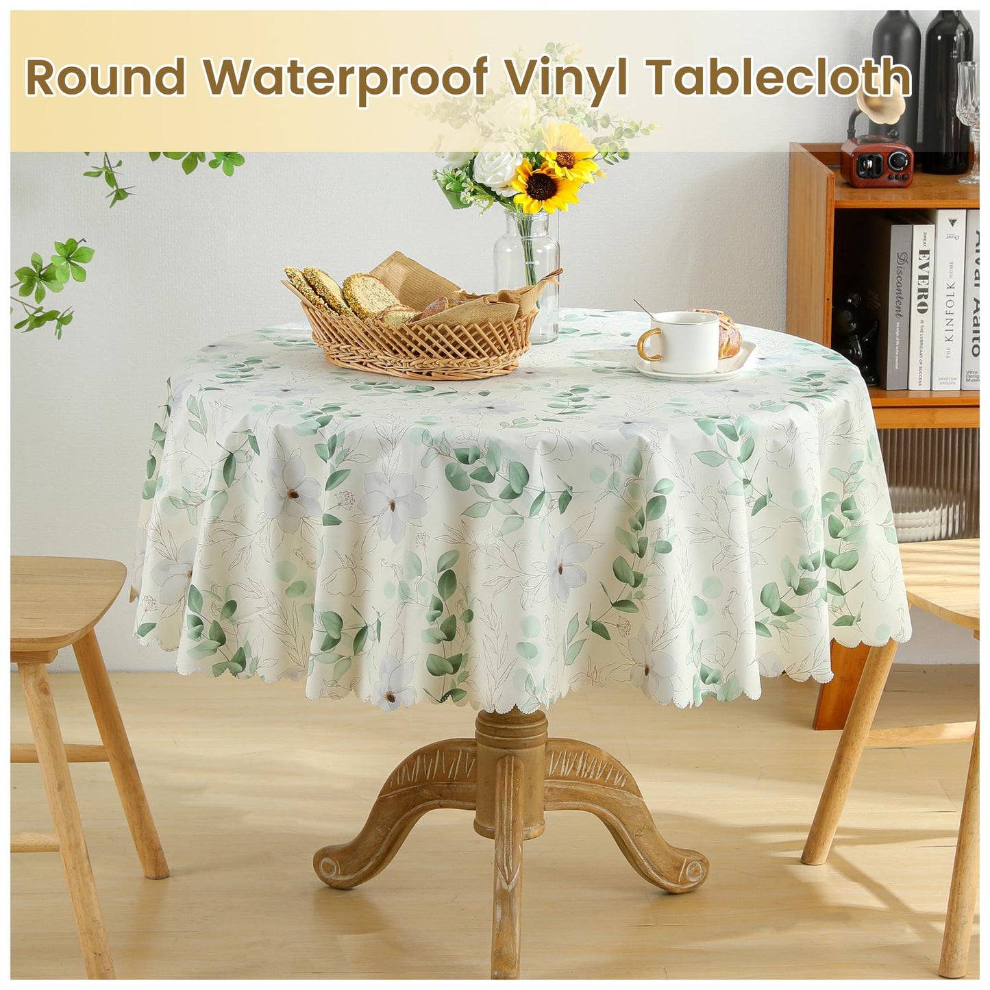 Fhberni Heavy Duty PVC Tablecloth with Vibrant Floral Prints Waterproof & Wipeable & Durable Plastic Table Cover for Parties, Weddings, Holiday Decor(Round 55'', Green 2)
