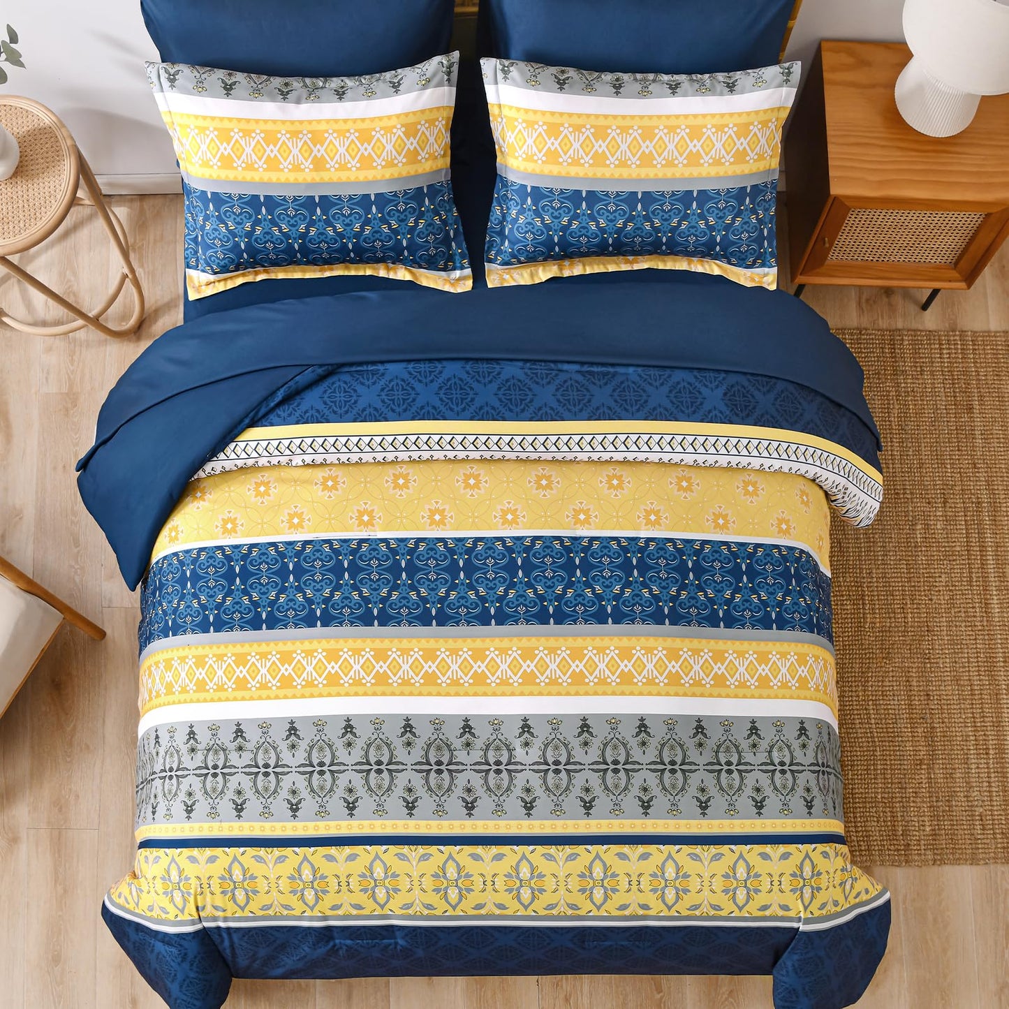 WONGS BEDDING Boho Comforters Set Queen, 7 Pieces Navy Blue and Yellow Comforter Sets Bohemian Bed in a Bag Striped Comforter Set Soft Microfiber Paisley Floral Comforter and Sheet Set for All Season