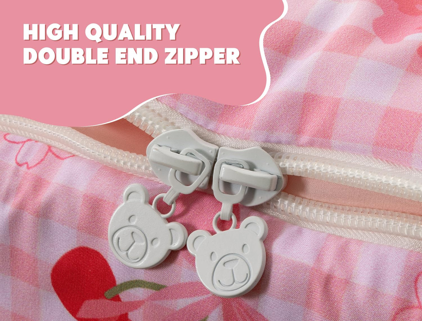 Meeting Story 3pcs Plaid Checkered Kids Comforter Sets Zipper Bedding Set for Girls,Twin Cherry Kid Bedding Set Strawberry Comforter Bedding for Kid, Bed in a Bag（DarkPink,Twin）