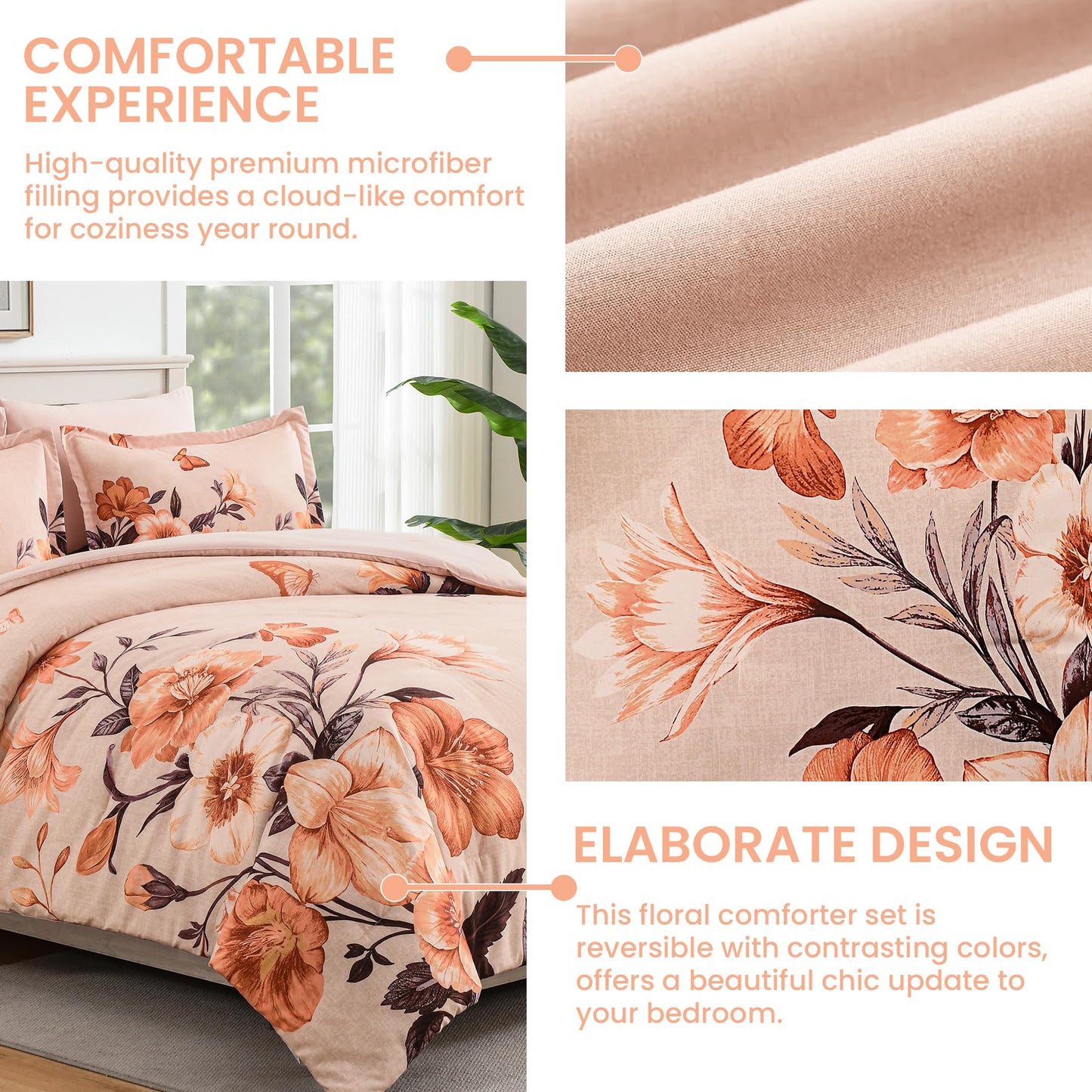 DHSFKBE Floral Comforter Set Queen Size,7 Piece Orange Bed in a Bag, Elegant Flower Pattern Comforter Set with Sheet, Soft Microfiber Complete Bedding Sets for All Season