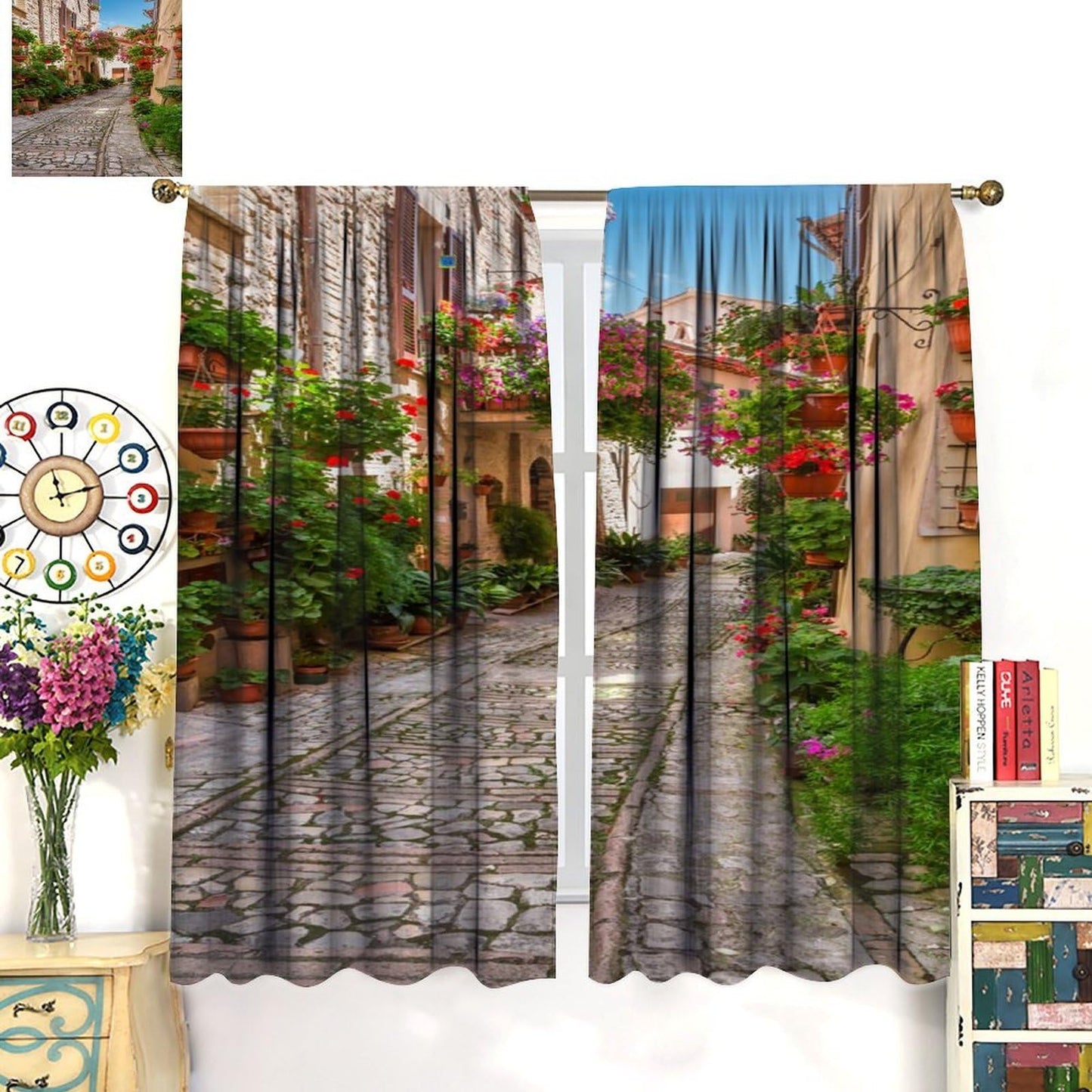 Italian Landscape Decor Curtain, Town Floral Plant Natural European Italy Street Rustic Garden Green Vine Print Rod Pocket Window Drapes, for Bedroom Living Room 42" W X 45" L