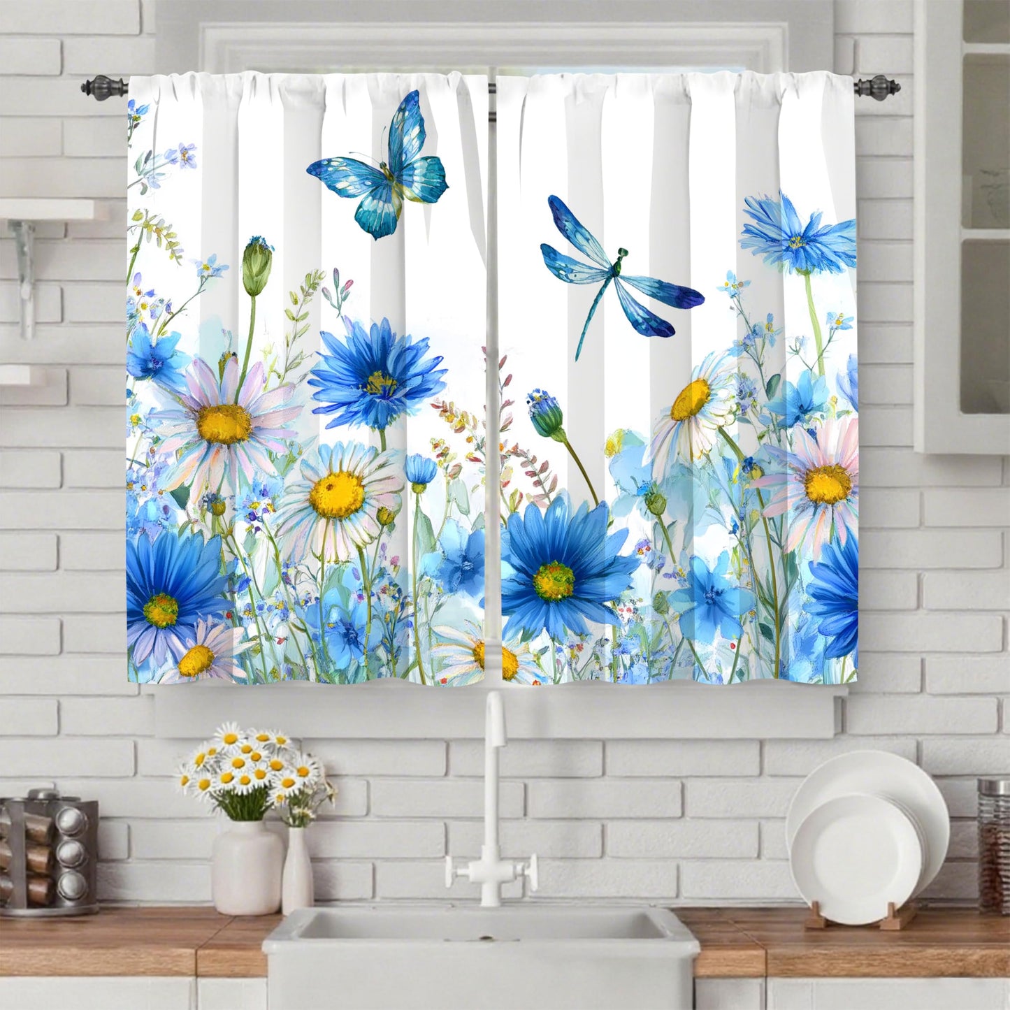 Worltoldb Spring Floral Kitchen Curtains Cafe Curtains for Bathroom Dining Room Living Room Pocket Window Drapes 2 Panels Set 28"x36"