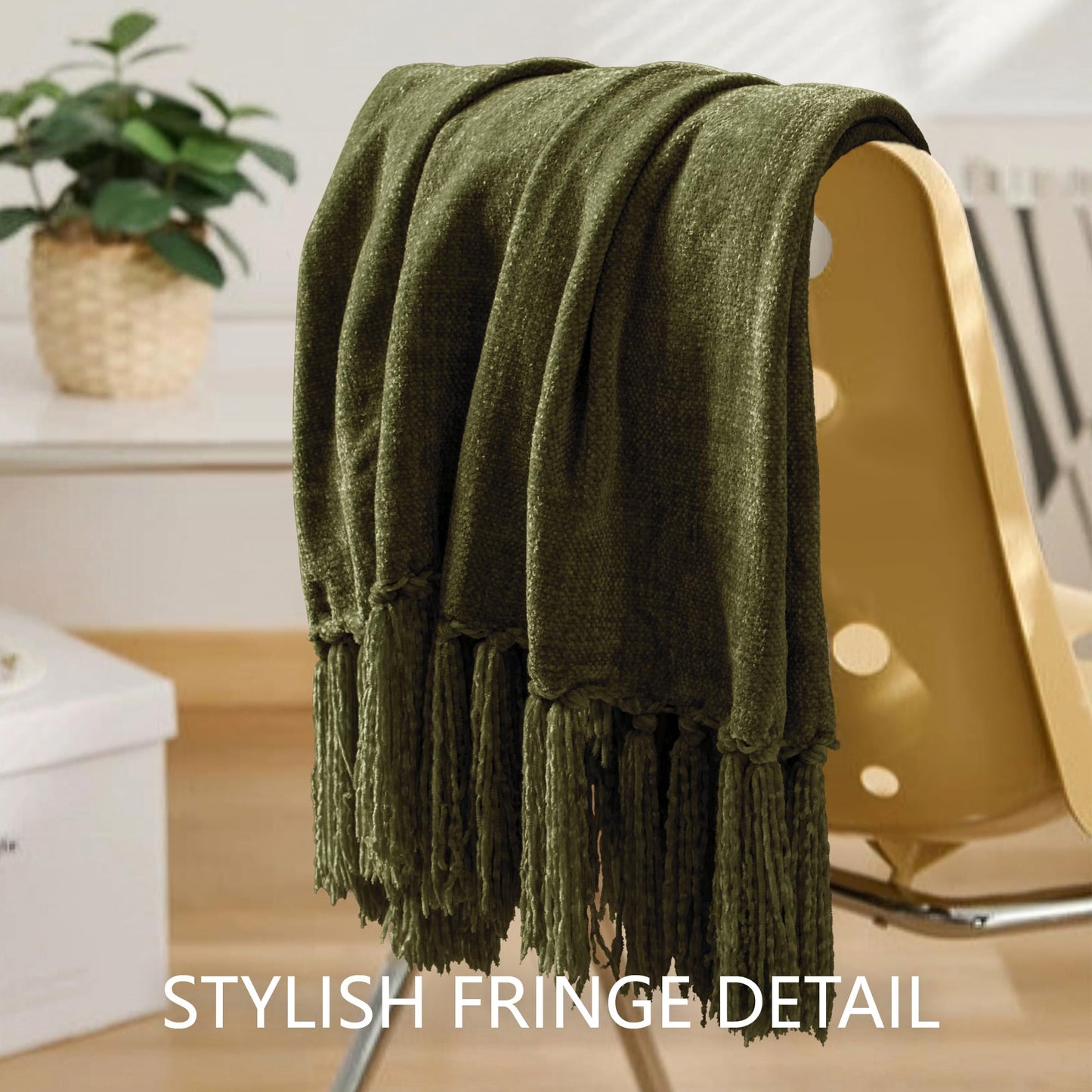 LONG CREATE Chunky Knit Throw Blanket Bundle Chenille Throw Blanket， 50"X 60" Olive Green