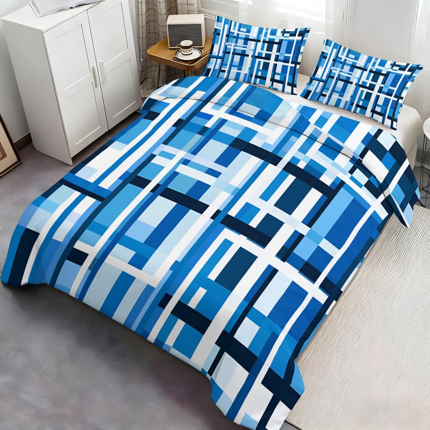 GKPLY Blue Grid Abstract Bedding California King, Modern Geometric Duvet Cover Set, Minimalist Block Comforter Cover with Zipper, 3 Pieces with 2 Pillowcases, Cool Tone Bedding