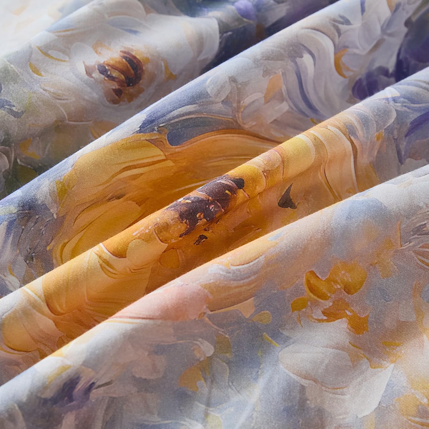 Cozaline 100% Cotton Duvet Cover King Size – Impressionist Natural Yellow & Blue Floral Duvet Cover Set with Zipper Closure, 3-Piece Soft Breathable Durable Percale Cotton Bedding Set for All Seasons
