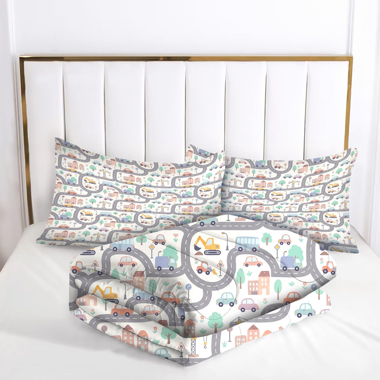 VTKON Construction Truck Comforter Set for Kids Full 3Pcs with 1 Comforter and 2 Pillowcases Cute Traffic Car Bedding Boys Vehicle Themed Bed Set Microfiber for All Season