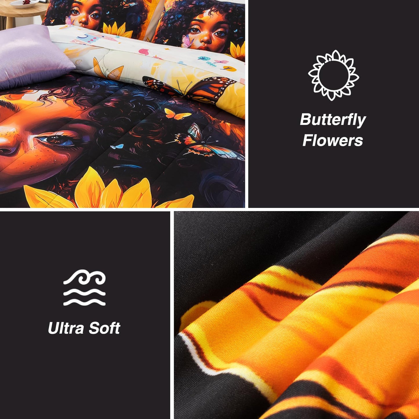 A Nice Night 6pcs Comforter Sets,Black Girl with Butterfly Flying Printed, Sunflower Flowering Shrubs Background Kids Bedding Set,Twin