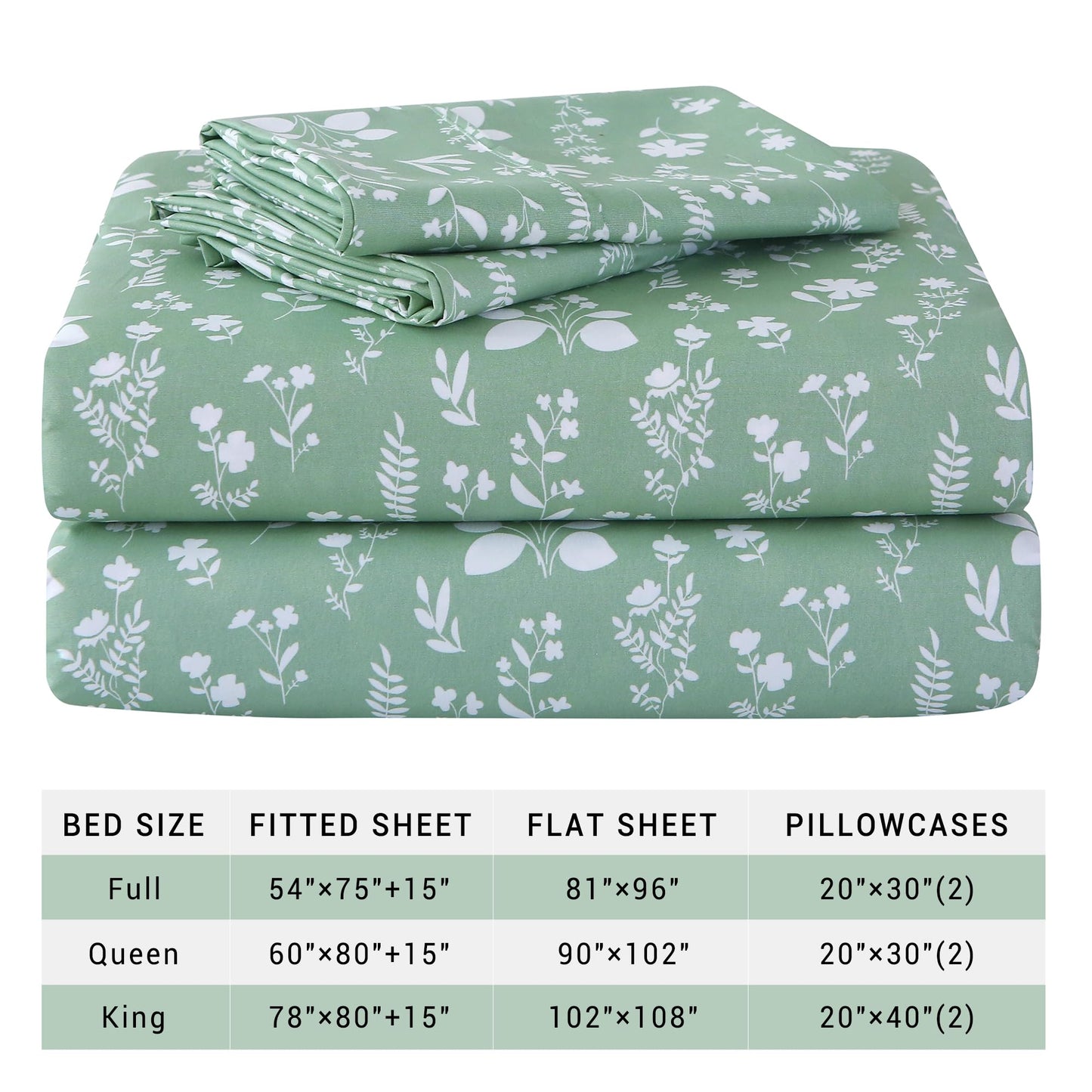 Viviland Sage Green Full Sheet Set - 4 Piece Vintage Green Flower Patterned Bed Sheets - Soft, Breathable Microfiber Floral Sheets with Deep Pocket, Non-Slip Fitted Sheets & Pillowcases