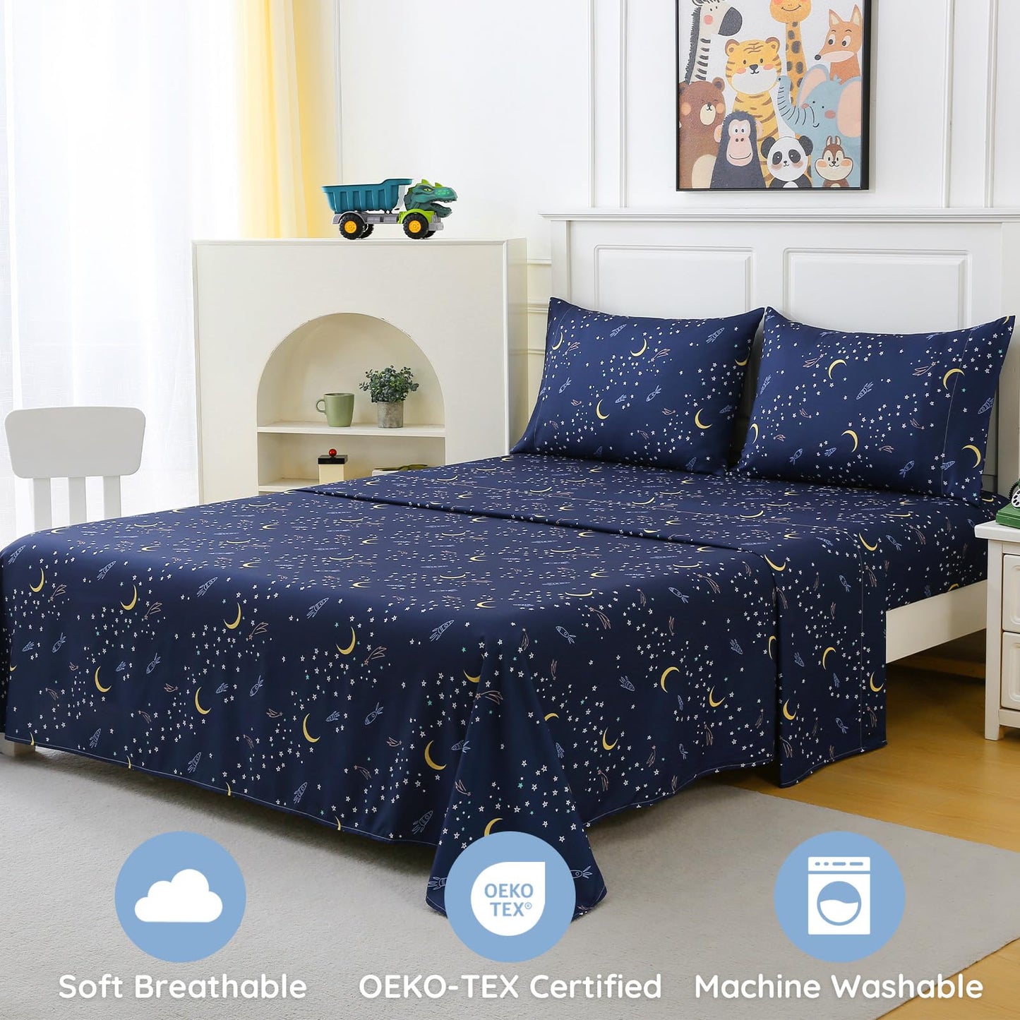 MCO Twin Sheets Set Kids, Soft Microfiber Bed Sheet Set for Boy Girls, 3 Pieces Breathable Twin Sheets Starry Sky