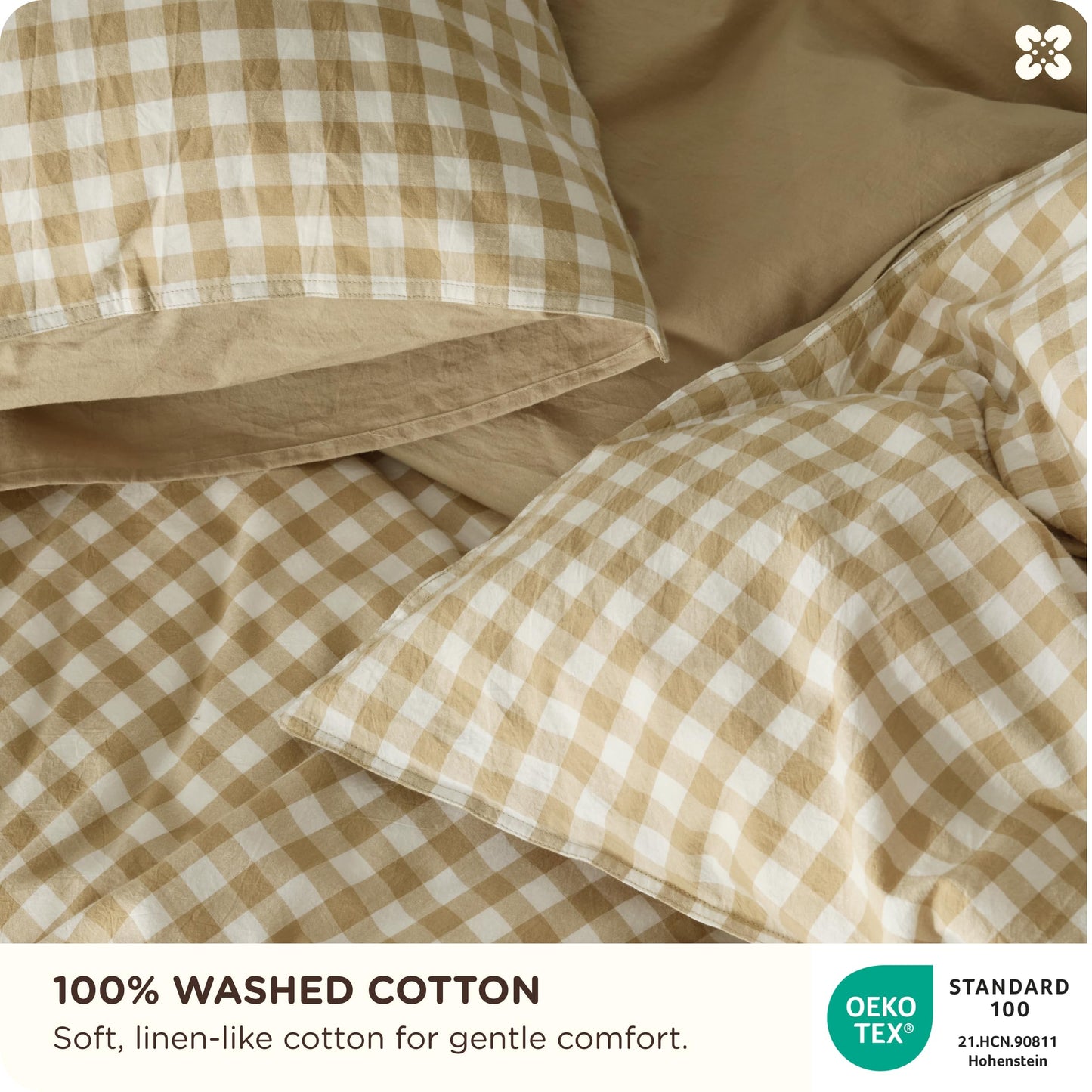 Bedsure Gingham Duvet Cover Queen Size, 100% Washed Cotton PureWoven Duvet Cover Linen Like Textured, Classic Yarn-Dyed Checkered Pattern Enhances Bedroom Comfort and Style, Gingham Khaki, 90"x90"