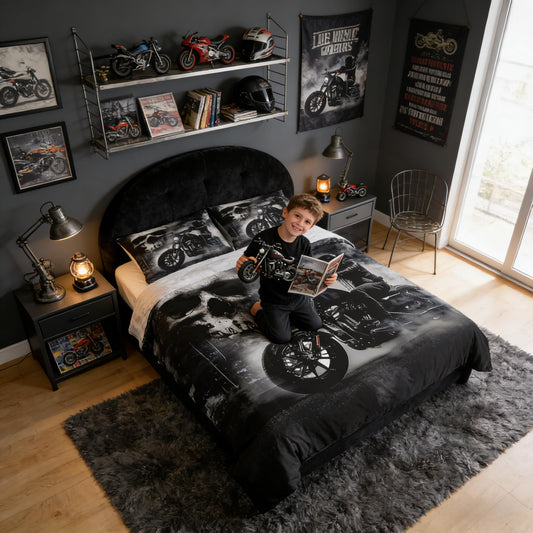 Homewish Black Motorcycle Rider Comforter Cover Set Gray Skull and Mist Decor Duvet Cover Queen Size,Extreme Sport for Boys Teens Men Bedding Set Microfiber Polyester Chic Quilt Cover Set