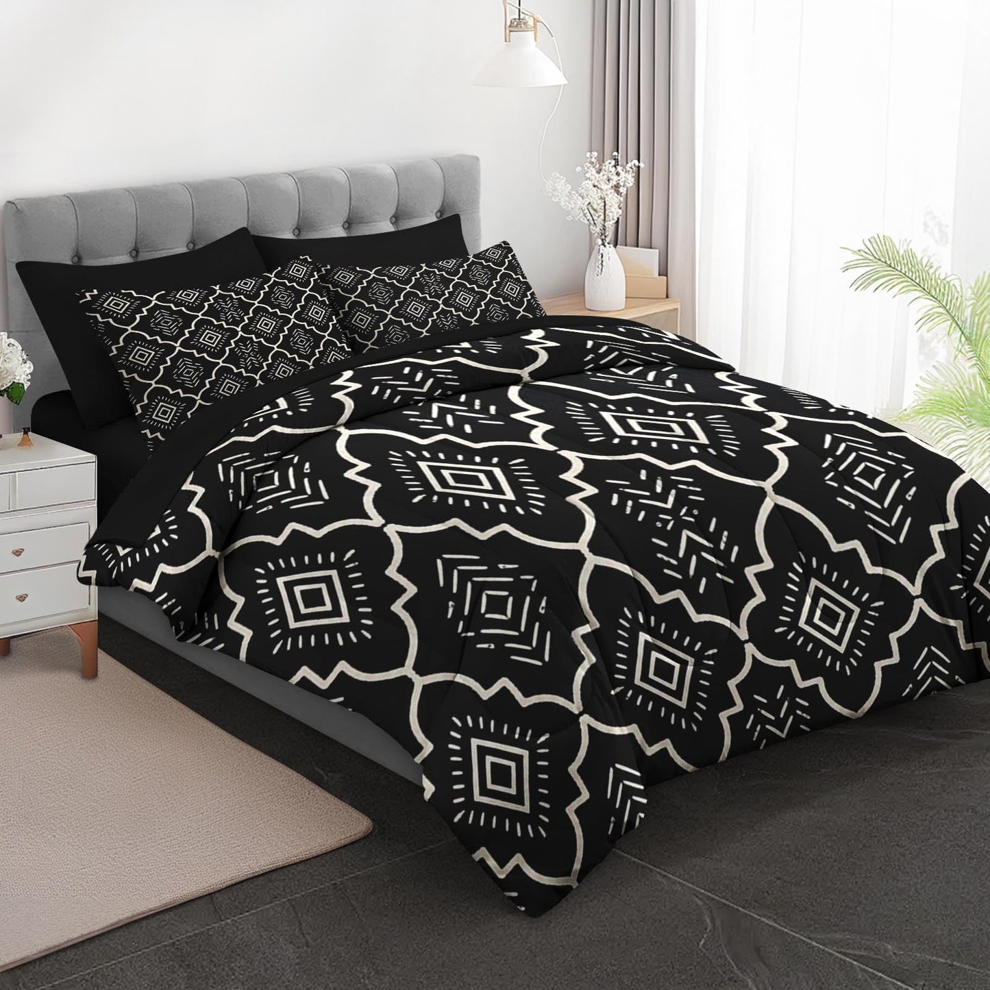 Boewywh Comforter Set Twin Size Boho Aztec Geometric 7 Pcs, Bedding for Kids and Adults, Southwestern Black Bed Sheet Sets with Fitted Sheet 2 Pillowcases & 2 Shams for Bedroom Bed Decor