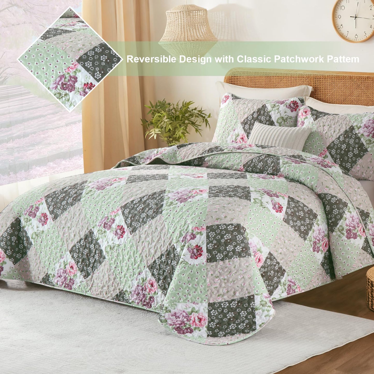 Dinjoy Floral Plaid Patchwork Quilt Set King Size, Reversible Green Bedding Set Soft Microfiber Lightweight Bedspread Coverlet 3 Piece Fall Autumn Summer Use (110x90 inches)