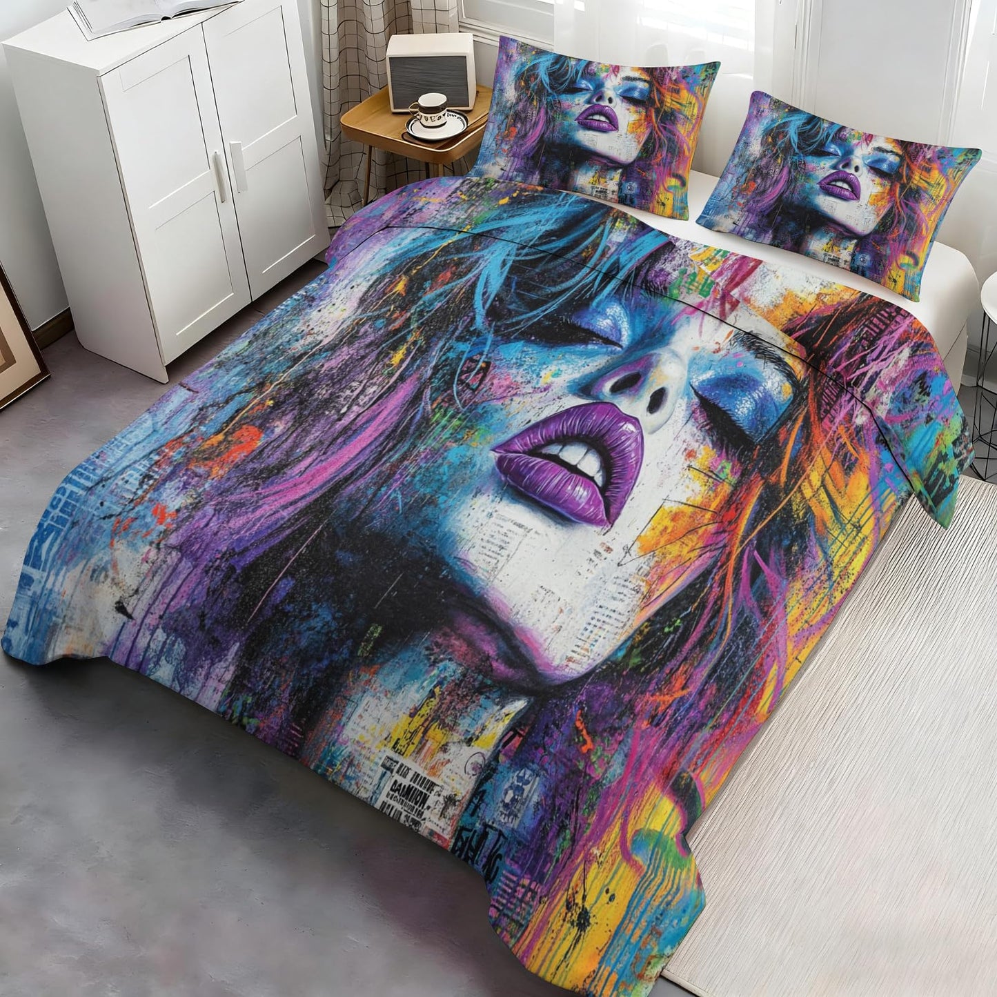 PAISUOQ Graffiti Duvet Cover Queen, Fashion Woman Bedding Sets, Street Art Comforter Cover with 2 Pillowcases, 3 Pieces with Zipper & Ties, Dorm Decor & Gifts