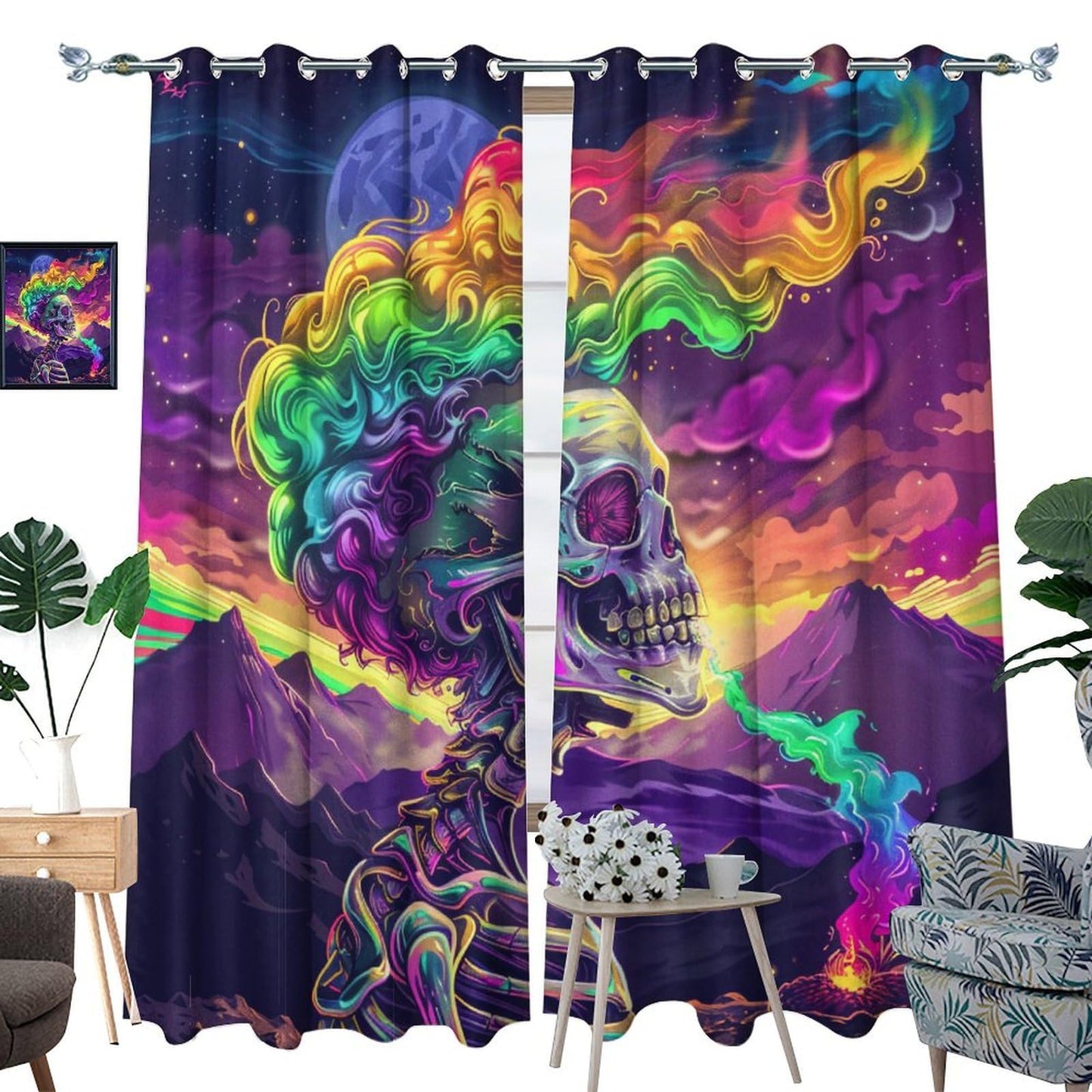 HDESDIS Gothic Skeleton Bone Blackout Curtains for Bedroom, Mystical Space Star Skull Fantasy Grommet Curtains Thermal Insulated Window Drapes for Living Room, 21W x 45L, 2 Panels