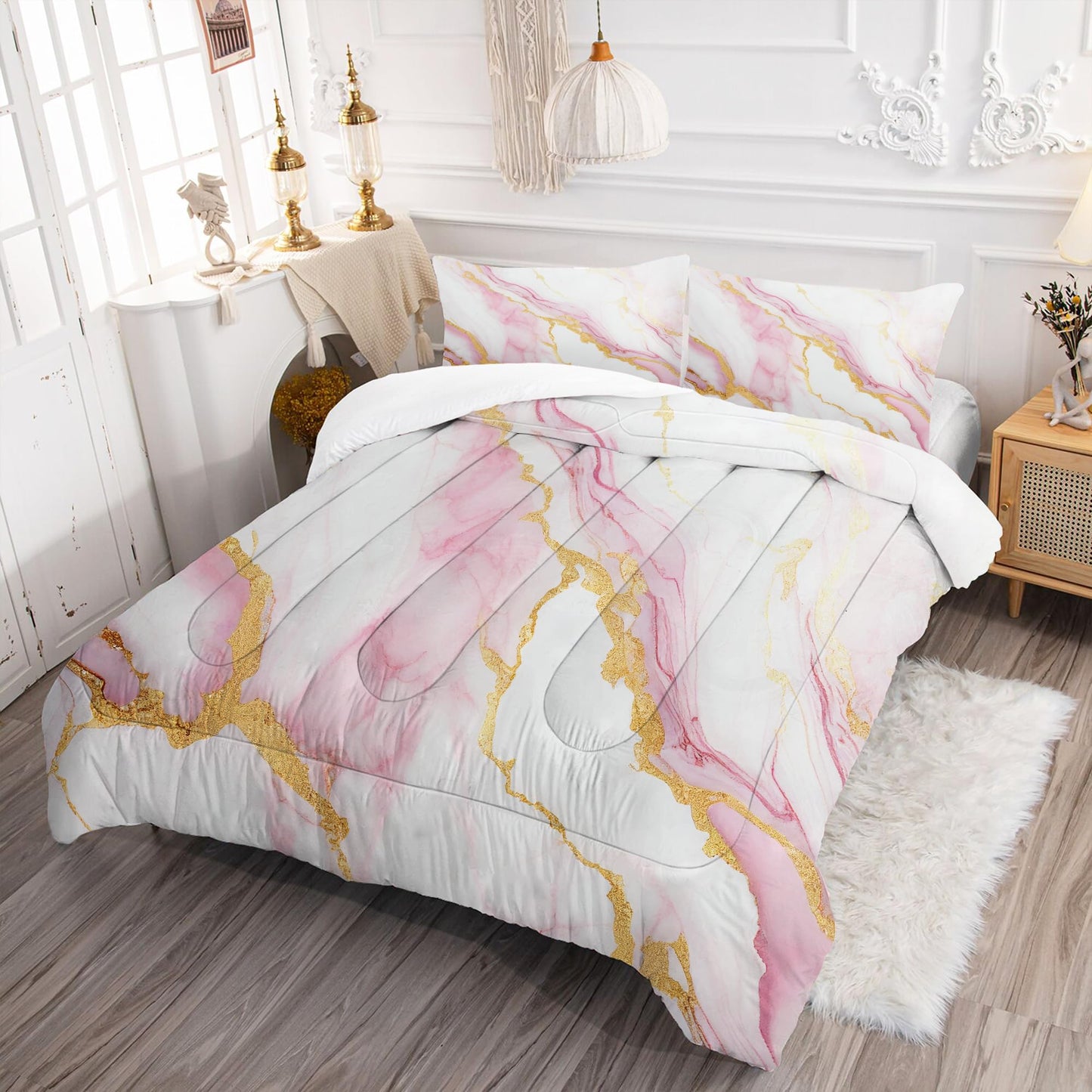 EDGZKO Comforter Set Pink Marble: King Size Bedding Sets for Women Girls Teens Bedroom Luxury Pink Gold Glitter Abstract Marbling Pastel Bed Set 1 Comforter & 2 Pillowcases