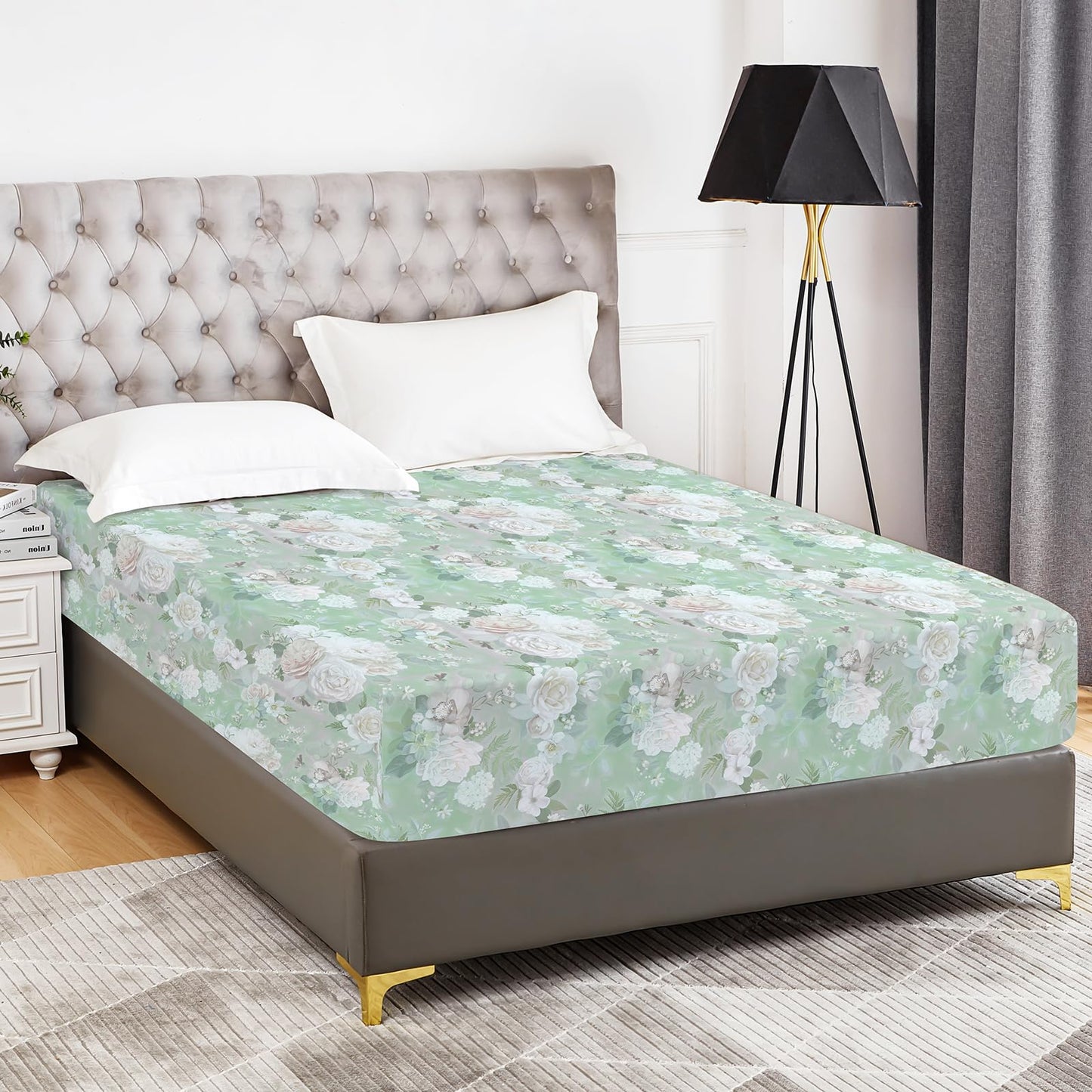 YIYEA Floral Fitted Sheet Only, Premium Double Brushed Microfiber Deep Pocket Fitted Sheet Queen Size, Ultra Soft Fitted Bottom Sheet, Shrinkage, Fade Resistant, Queen