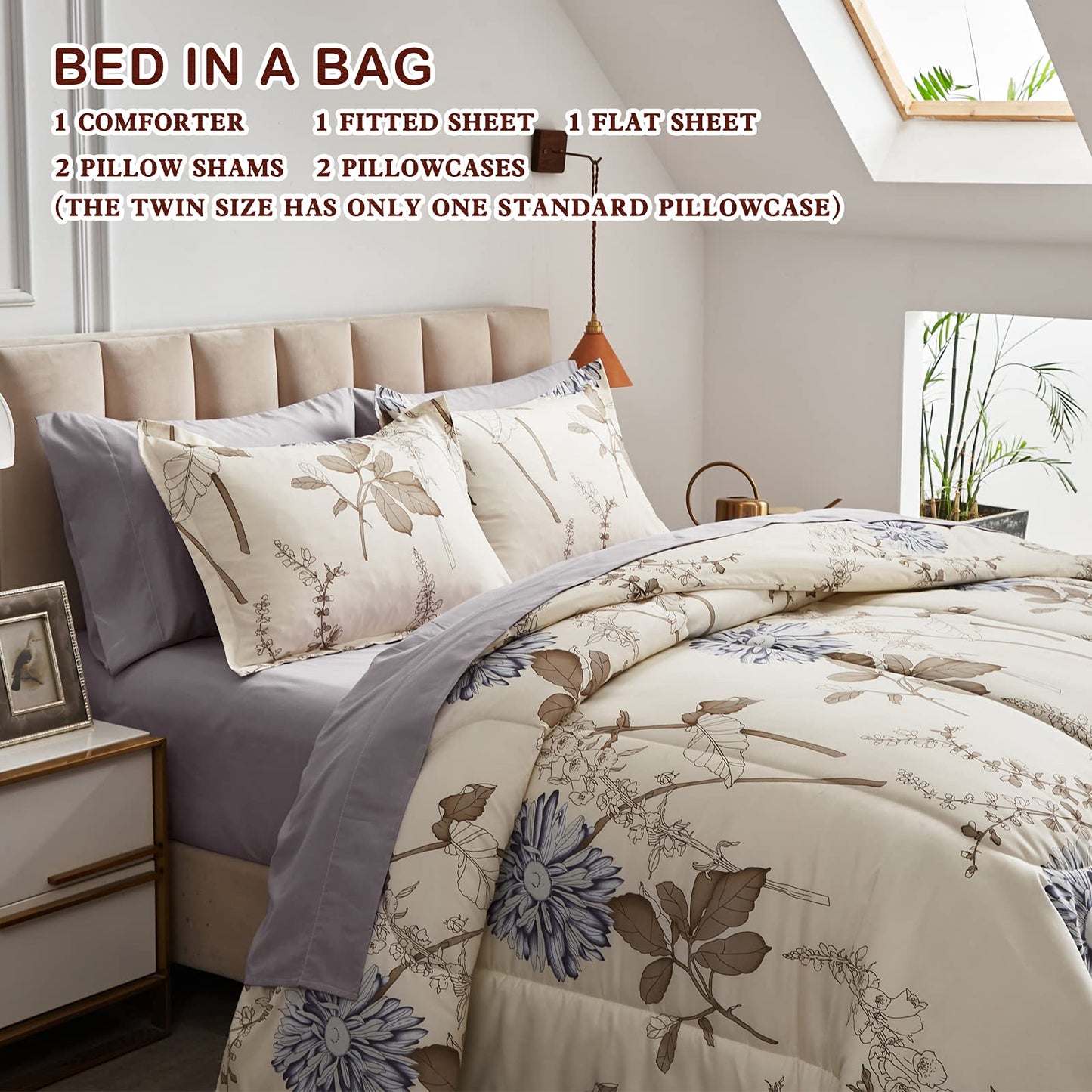 Joyreap 7 Piece Bed in a Bag Queen, Elegant Flower Botanical Smooth Soft Microfiber Floral Comforter Set for All Season (1 Comforter, 2 Pillow Shams, 1 Flat Sheet, 1 Fitted Sheet, 2 Pillowcases)