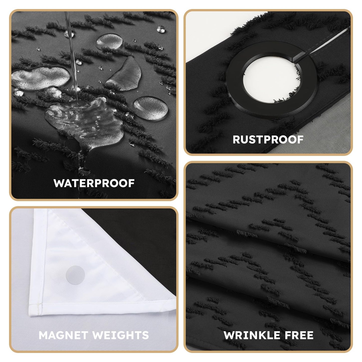FADOTY No Hook Shower Curtain and Liner Set, Black Snap in Shower Curtain Ringless Chevron Tufted Cloth Waterproof Washable Fabric Bath Curtain with See Through Top Window for Bathroom Hotel 71" x 74"