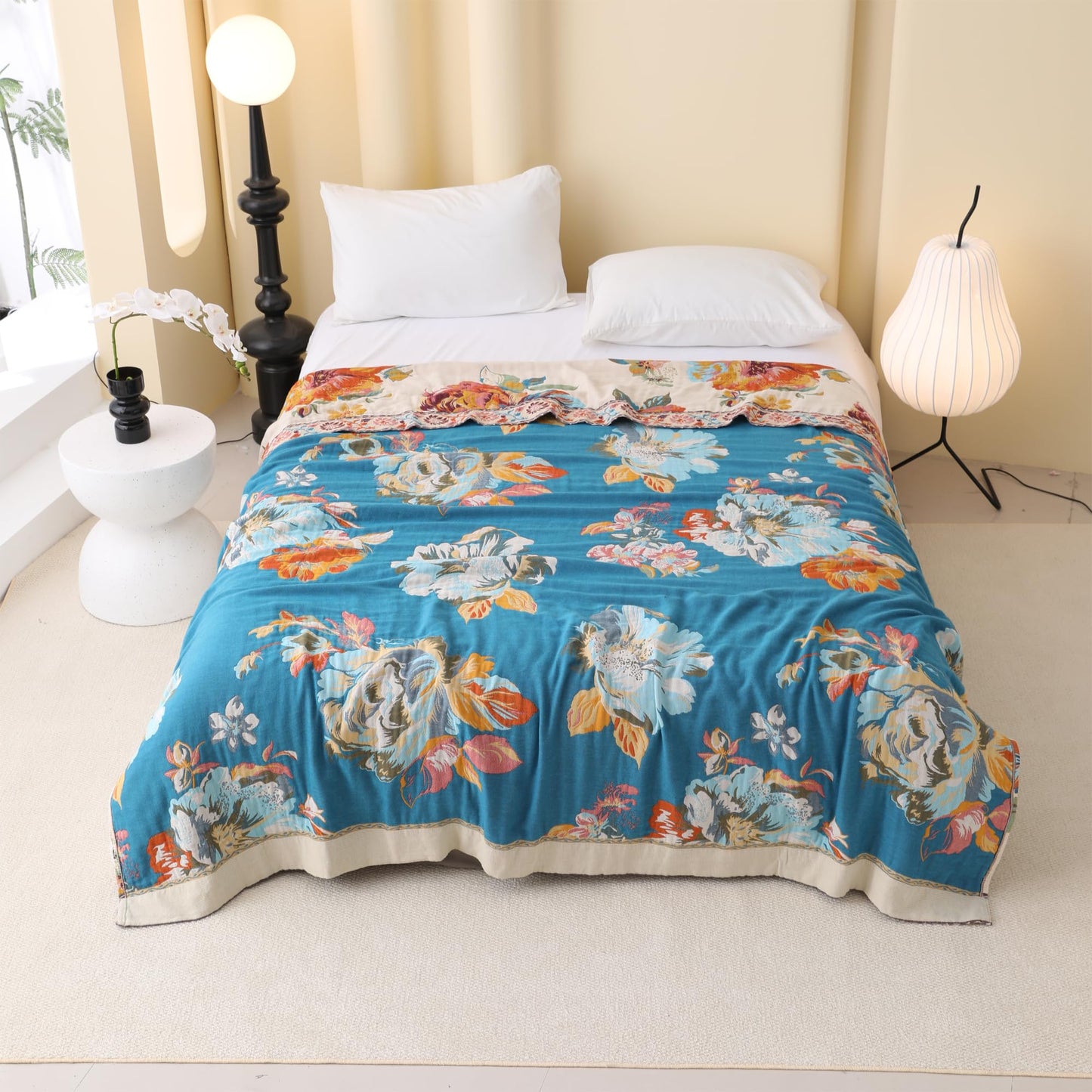 BRYALIX 100% Cotton Muslin Throw Blanket, Orange Floral Pattern, Lightweight Quilt, Boho Farmhouse Decorative Fringed Reversible Jacquard Throw for Home, Picnic, Travel, 60"x80"