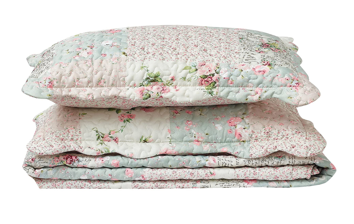Brilliant Sunshine Rose and Sage Quilt Set, 3-Piece Bedding Sets, Traditional Patchwork Design, Washable and Reversible Bedspread, Soft Lightweight Coverlet, All-Season, Full/Queen, Light Pink Green