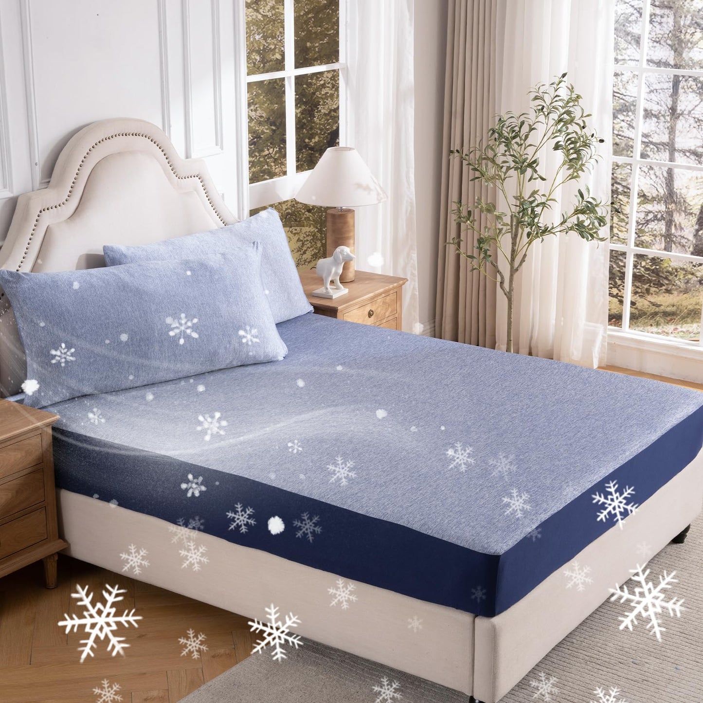 OMERAI 3 Piece Cooling King Size Sheet Set, Bed Sheets Set with 1 Fitted Sheet & 2 Pillowcases, Breathable Cool-to-Touch Fabric, Soft Smooth Deep Pockets Bed Sheets for Summer, Blue