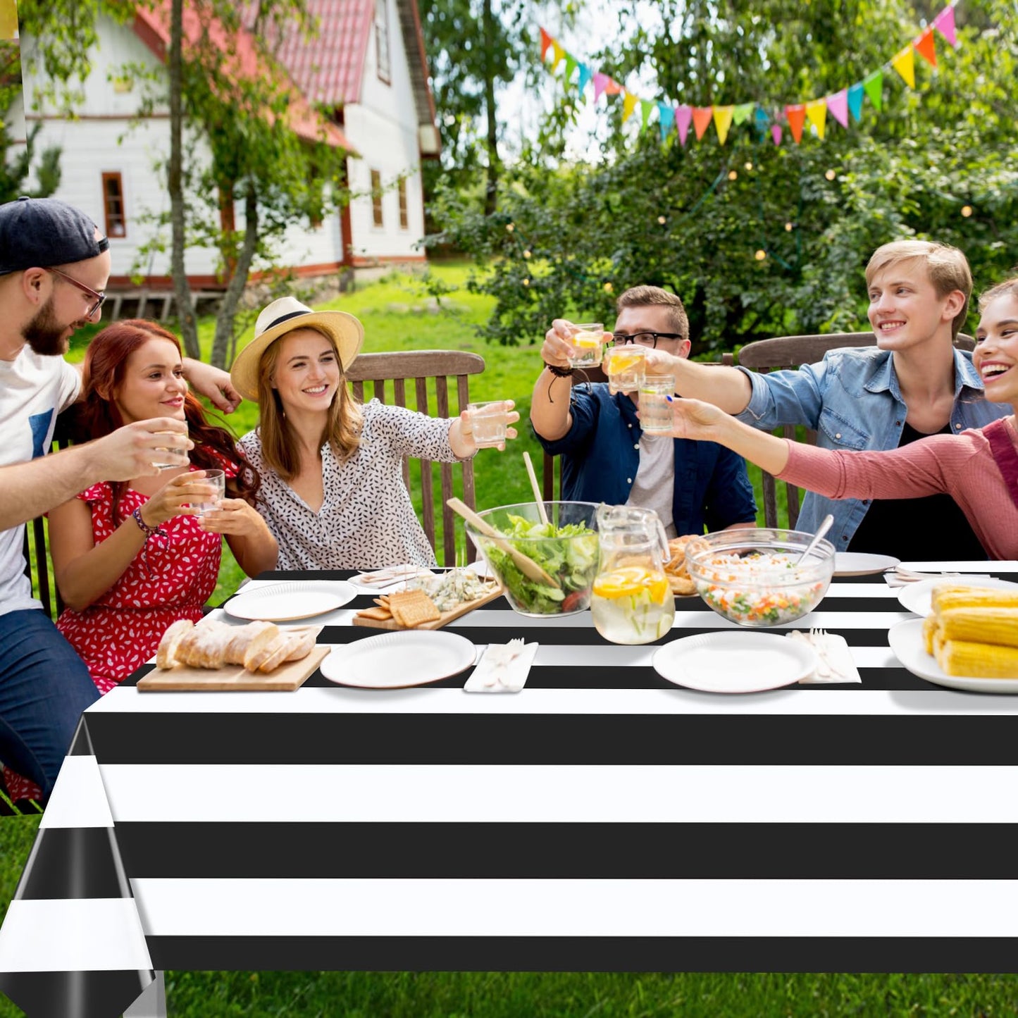 3pcs 54x108Inch Black and White Horizontal Striped Table Cloth Classic Black Stripe Tablecloths Disposable Plastic Stripe Waterproof Table Covers for Picnic Halloween Ghost Party