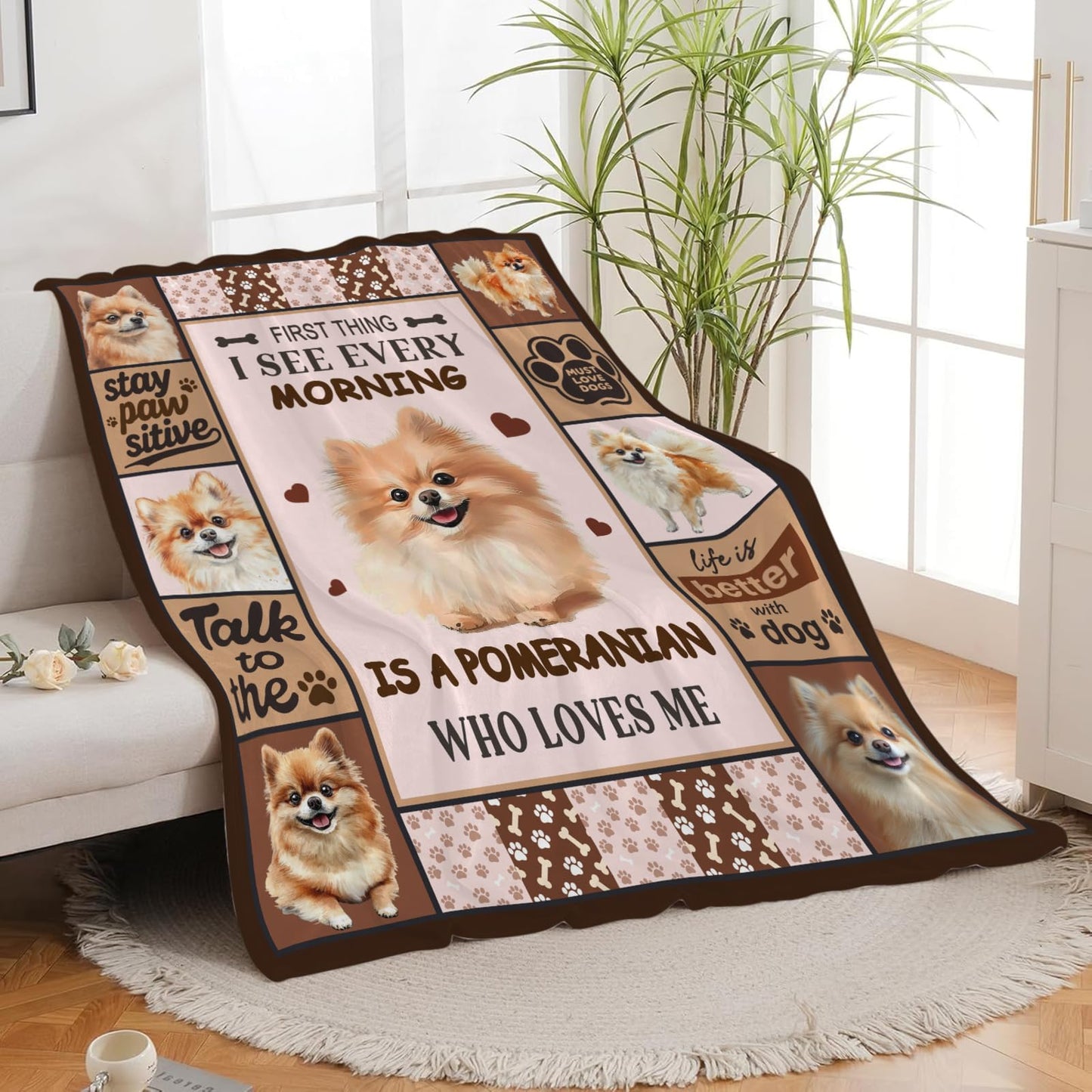 Lovira Pomeranian Throw Blanket Dog Print Blankets Gifts for Couch Sofa Bed Stuff Decor Lightweight Soft Cozy Fleece Plush Warm Flannel Bedding for Lover Men Women 40"x50"
