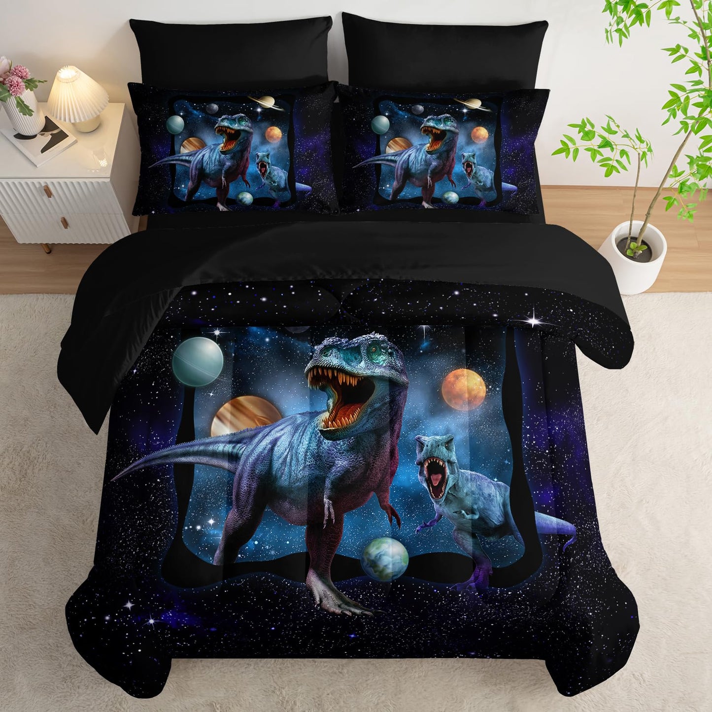 AILONEN Kids Dinosaur Comforter Set Twin Size,7Pcs Space Galaxy Bed in a Bag,Planet Dinosaur Bedding Print Boys Comforter & Fitted Sheet & Flat Sheet & 2 Pillowcases,2 Pillow Shams