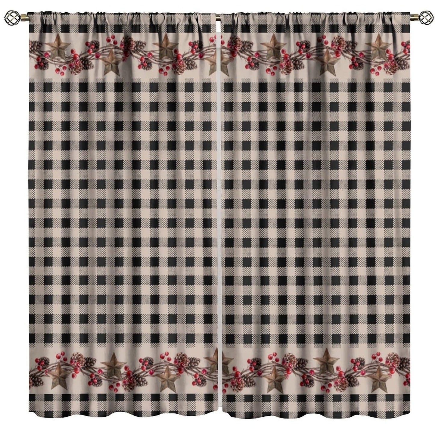 Nanacur Rustic Farmhouse Curtains, Vintage Country Black White Buffalo Plaid Pine Cone Berry Western Texas Print Window Treatments for Kitchen Bedroom Cafe, 42" W X 45" L